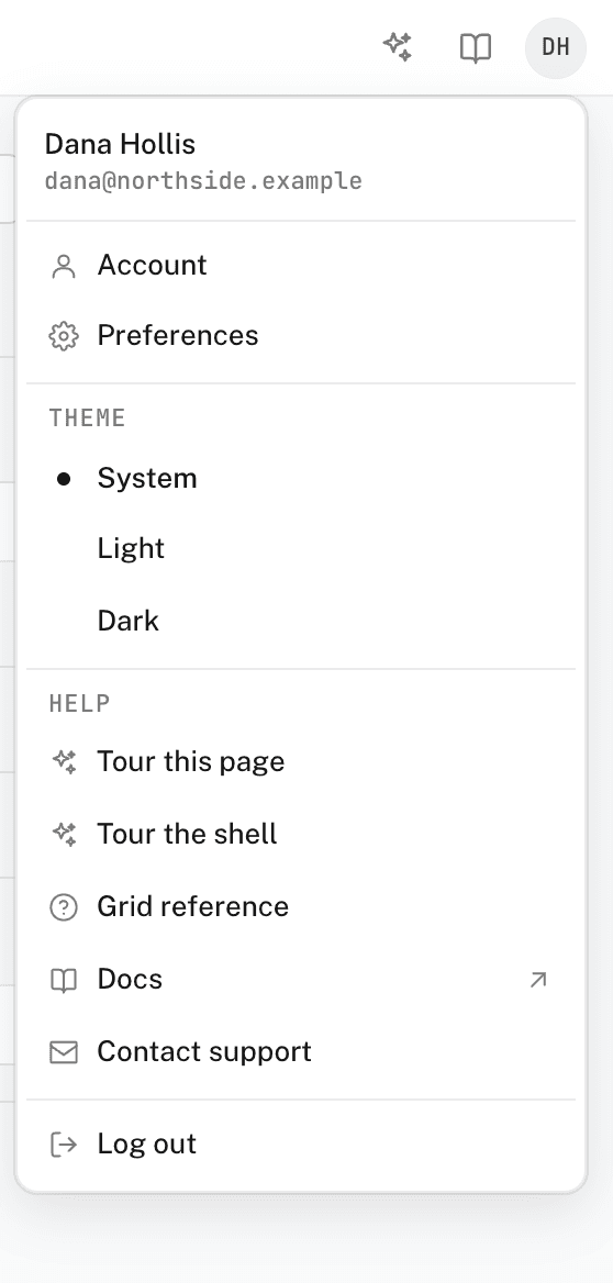 The account menu open from the avatar: name and email, Account, Preferences, the theme choice, Help, and Log out