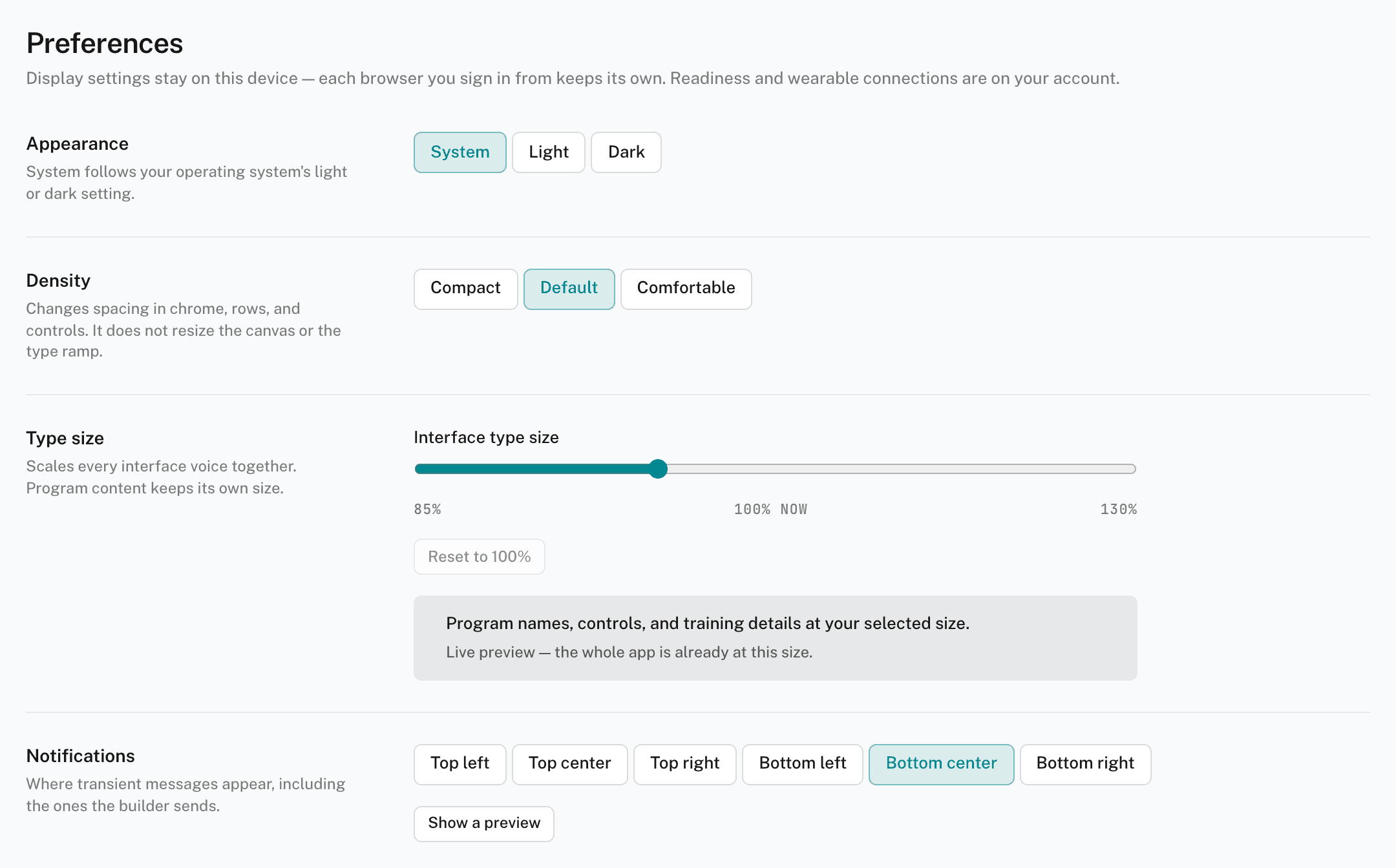 The Preferences page with Appearance, Density, Type size, and Notifications