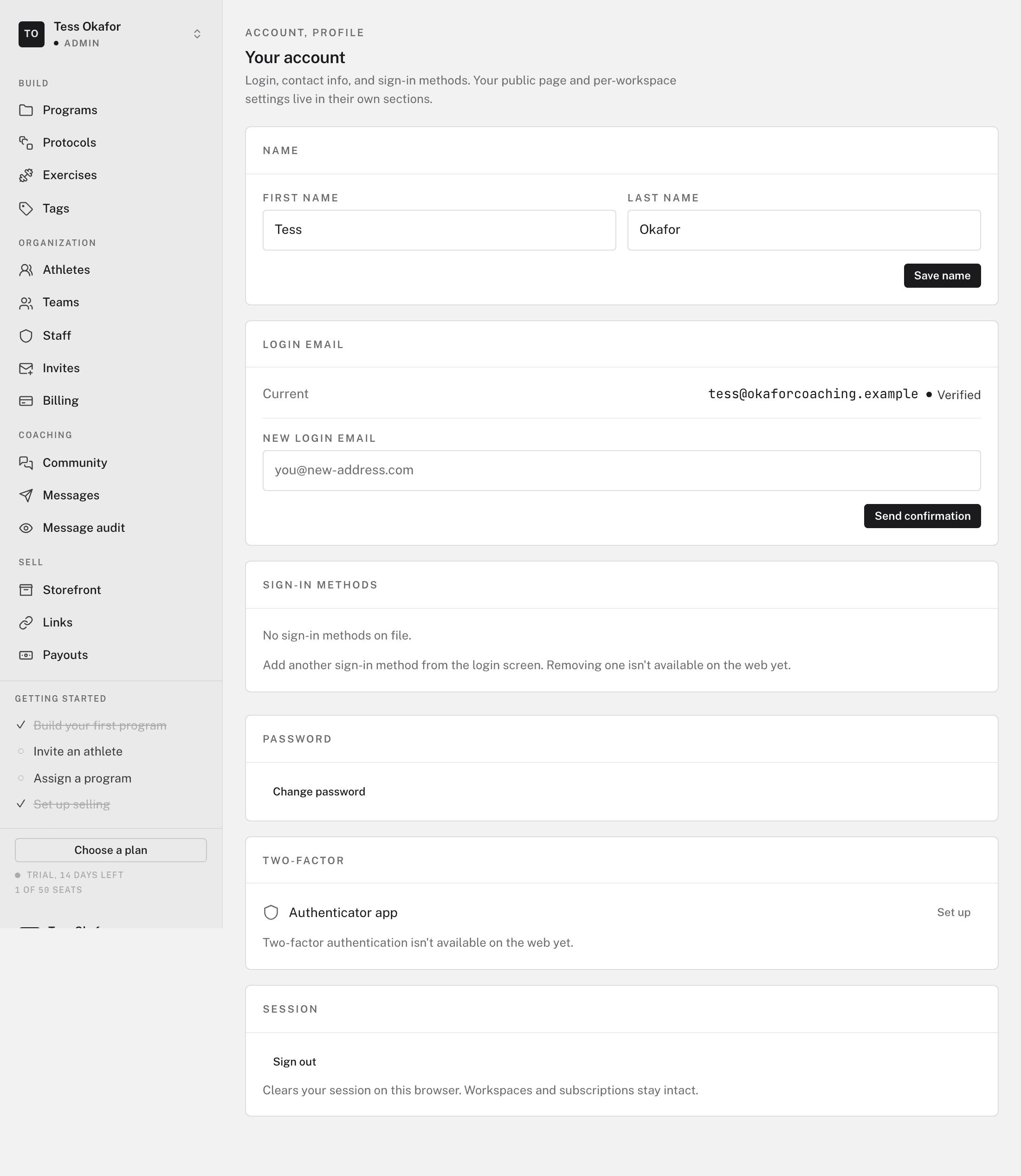 The Your account page with name, login email, sign-in methods, password, two-factor, and session cards