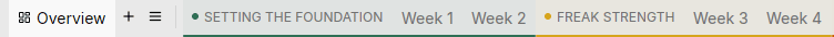 The week tab strip with two named colored blocks, each spanning a run of adjacent week tabs