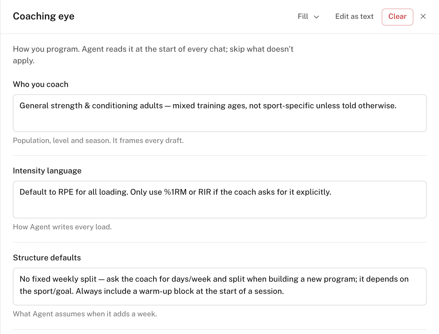 The Coaching eye sheet with the Fill menu, Edit as text, and the Who you coach and Intensity language sections filled in