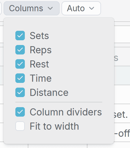 The Columns menu open with checkboxes for Sets, Reps, Rest, Time, and Distance, then Column dividers and Fit to width