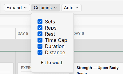 The Columns menu open with checkboxes for Sets, Reps, Rest, Time Cap, Duration, and Distance