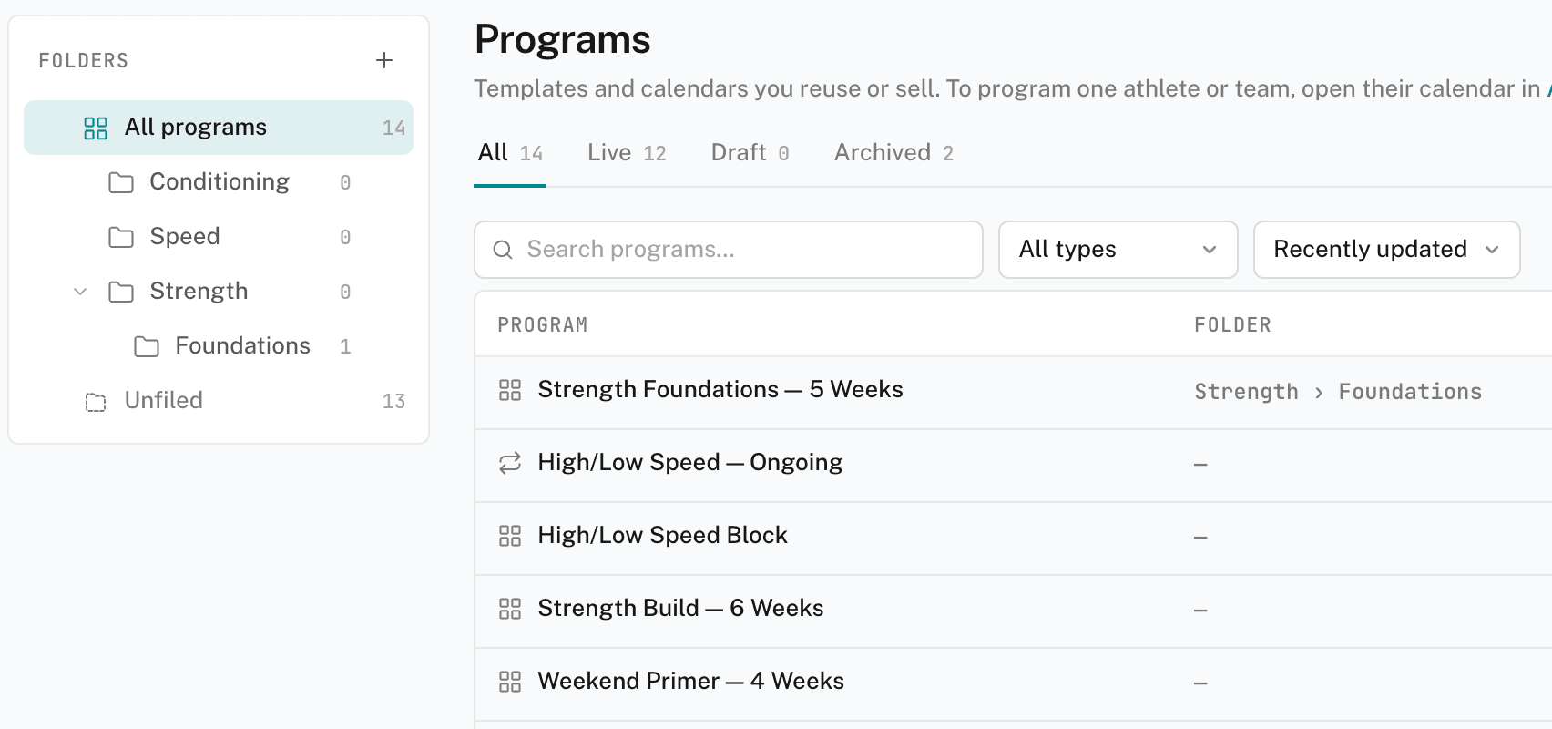 The Programs page with the folder tree open, showing All programs, Unfiled, and nested folders beside the program list
