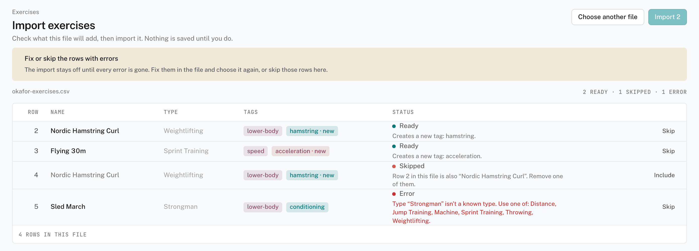 The exercise import review page with rows marked Ready, Skipped, and Error, and an Import anyway button on a duplicate row