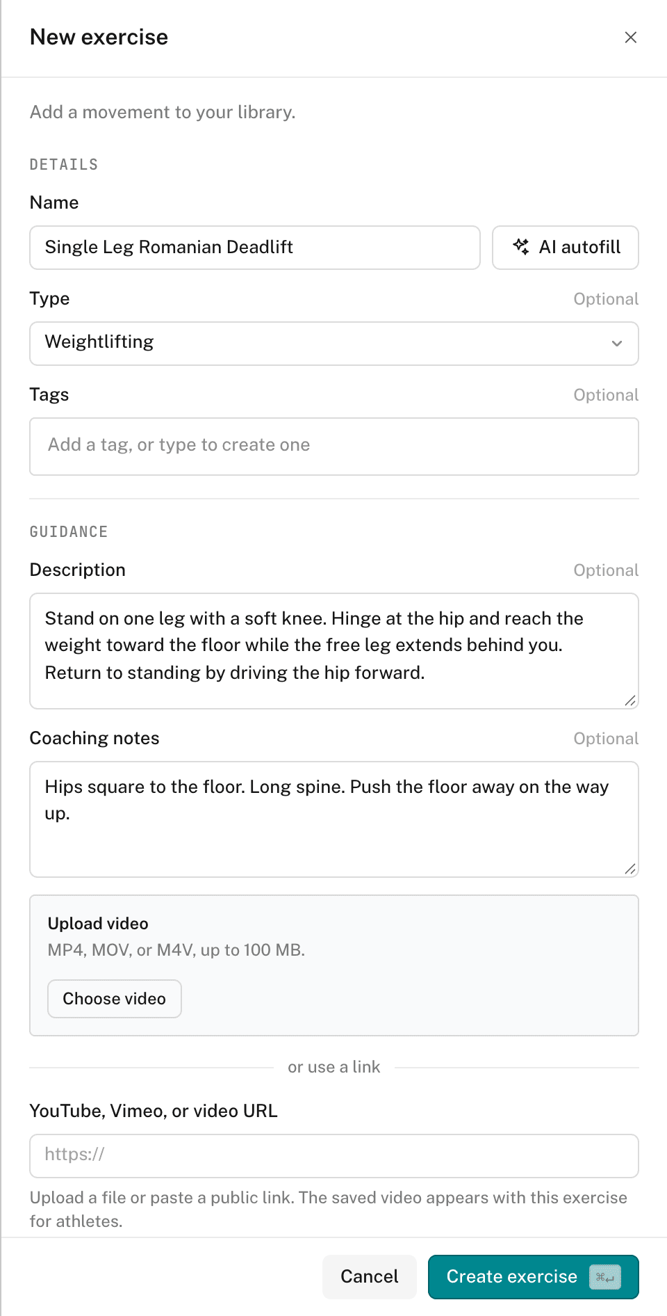 The New exercise panel with a name, type, tags, description, coaching notes, and the video upload field