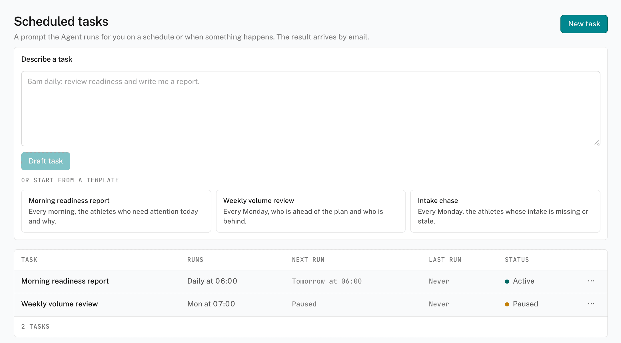 The Scheduled tasks page with the Describe a task box, three templates, and a list of tasks with Next run, Last run, and Status