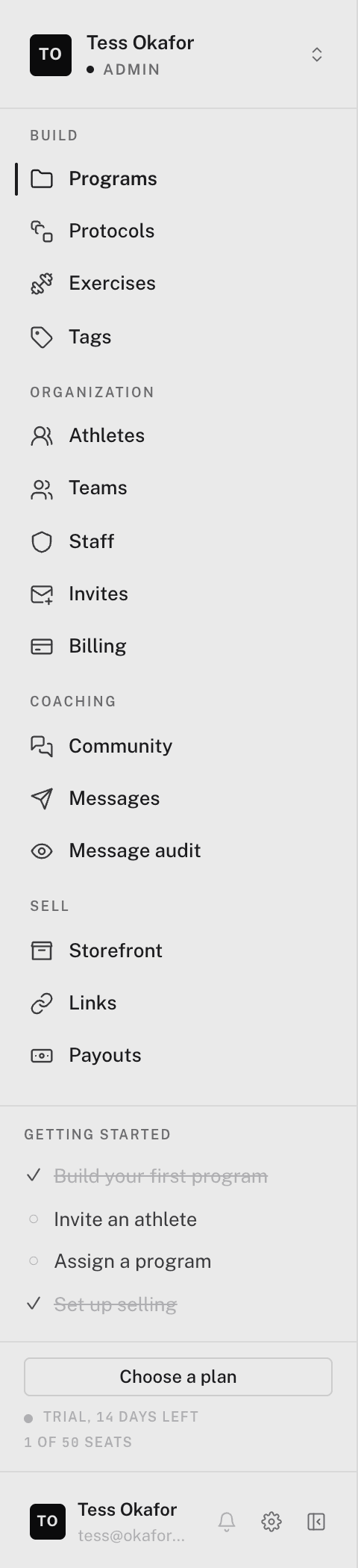 The sidebar with BUILD, ORGANIZATION, COACHING, and SELL groups above a getting-started checklist