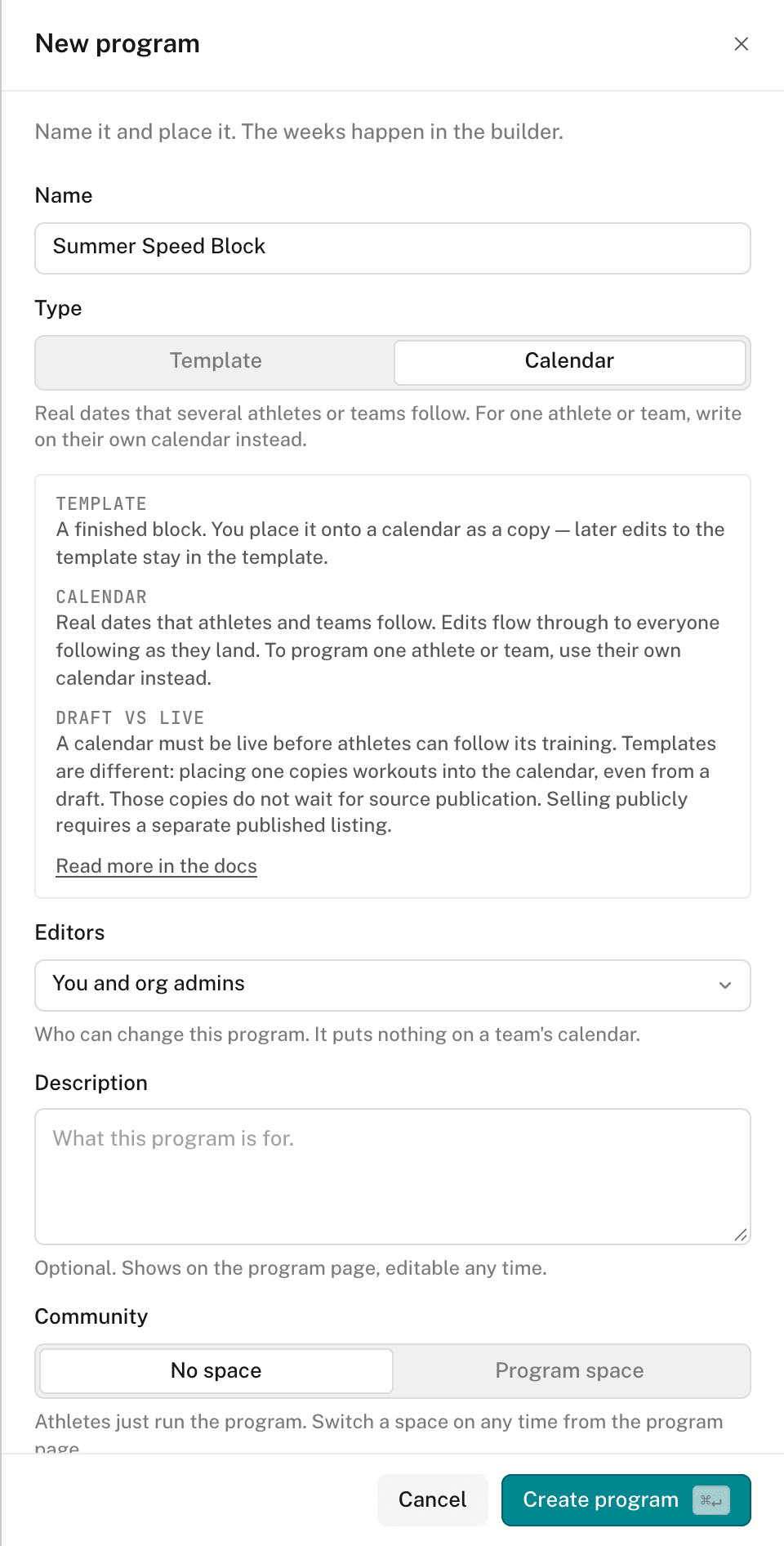 The New program panel with Calendar selected, described as real dates that several athletes or teams follow