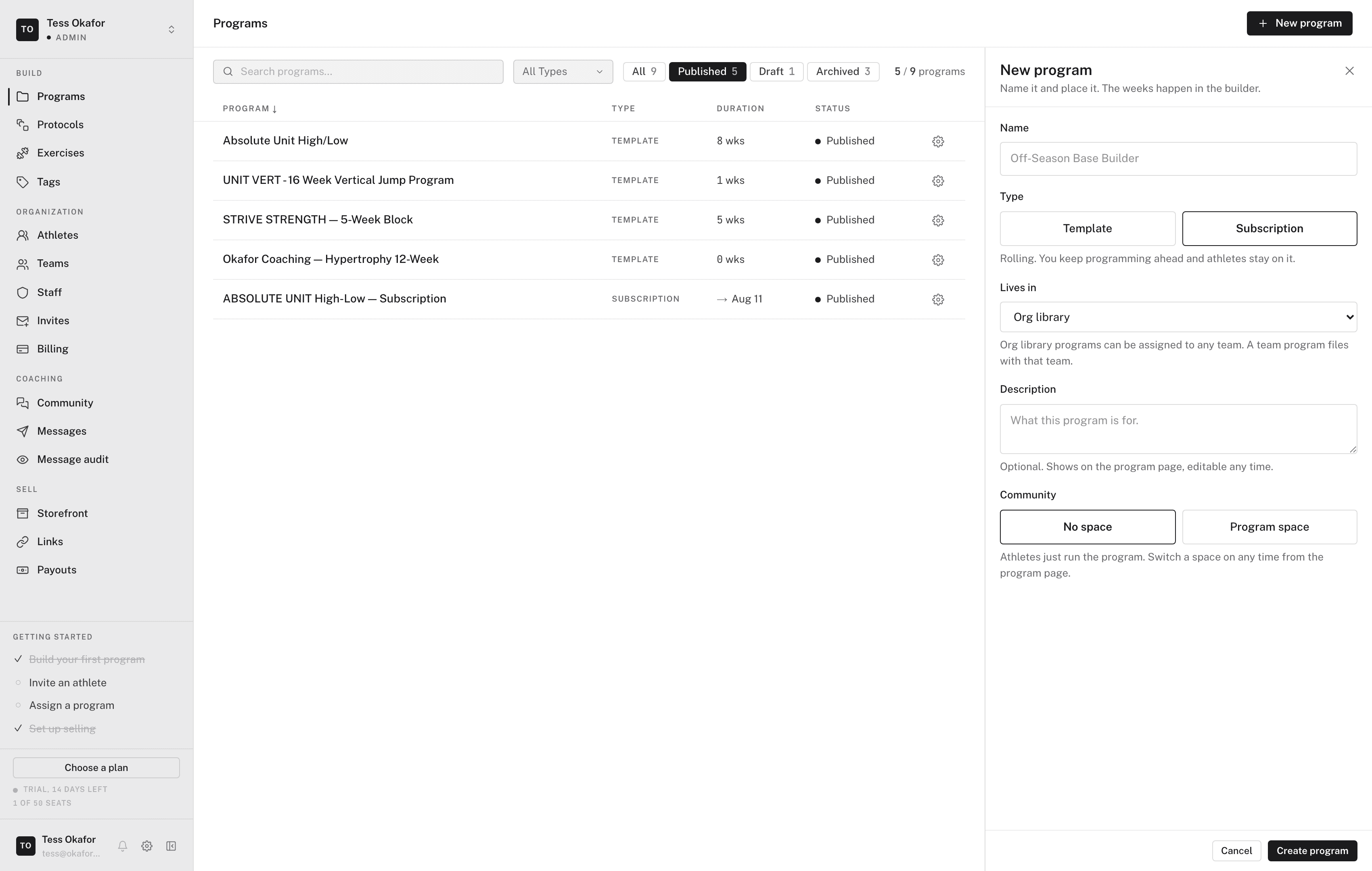 The New program panel with Subscription selected, described as rolling with athletes staying on it