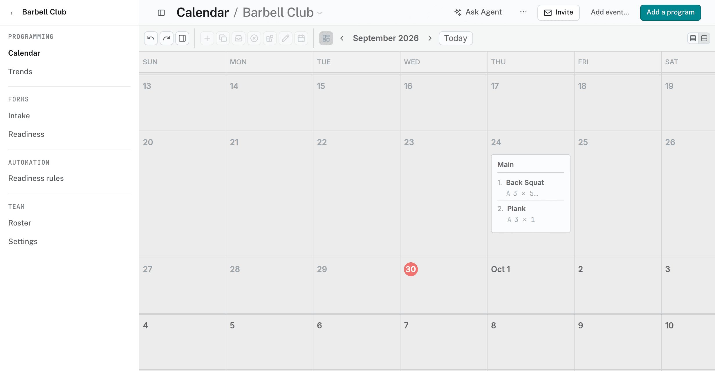 A team page on the Calendar facet, with the Programming, Forms, Automation, and Team sub-rail groups