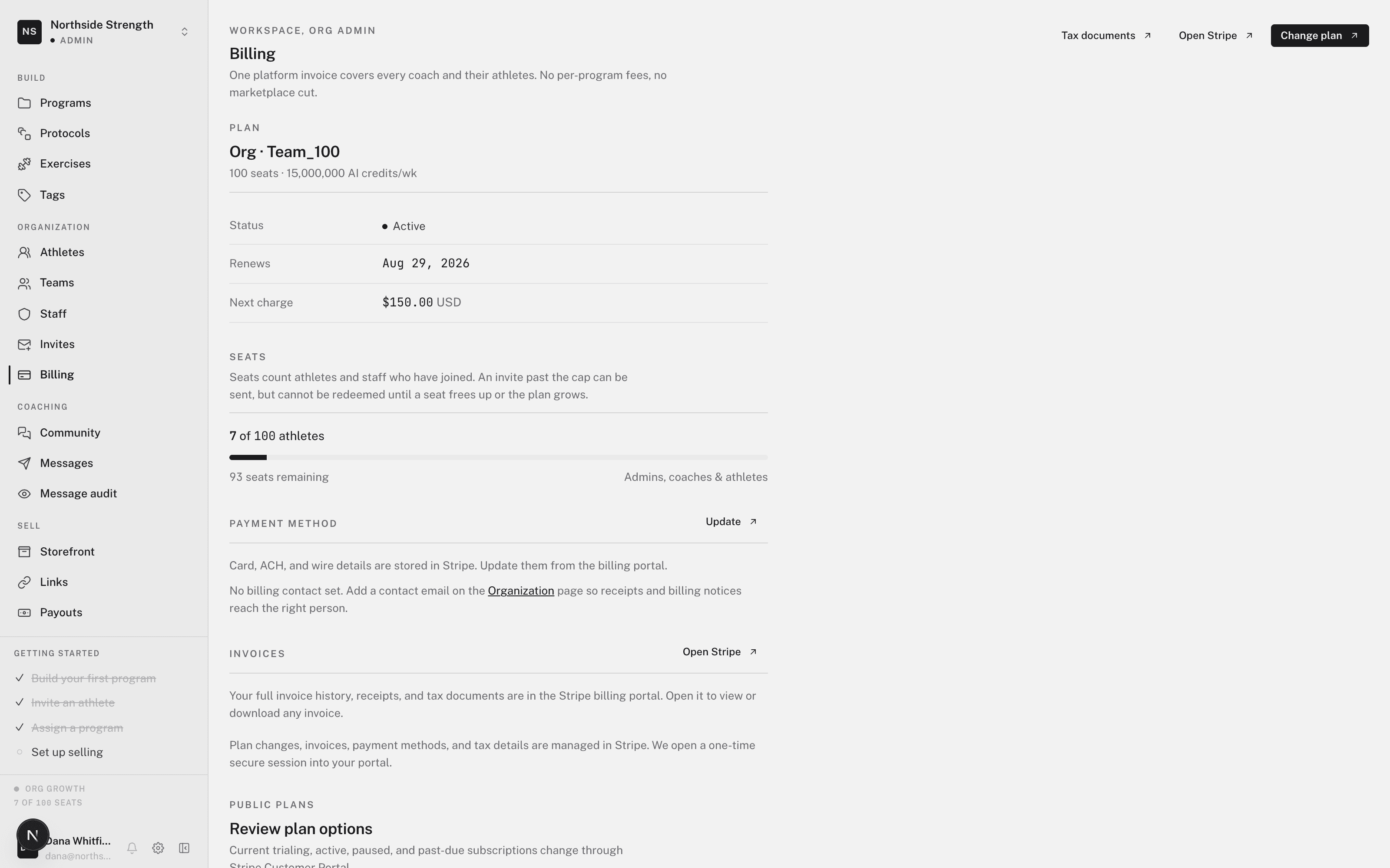 The organization Billing page with an active plan