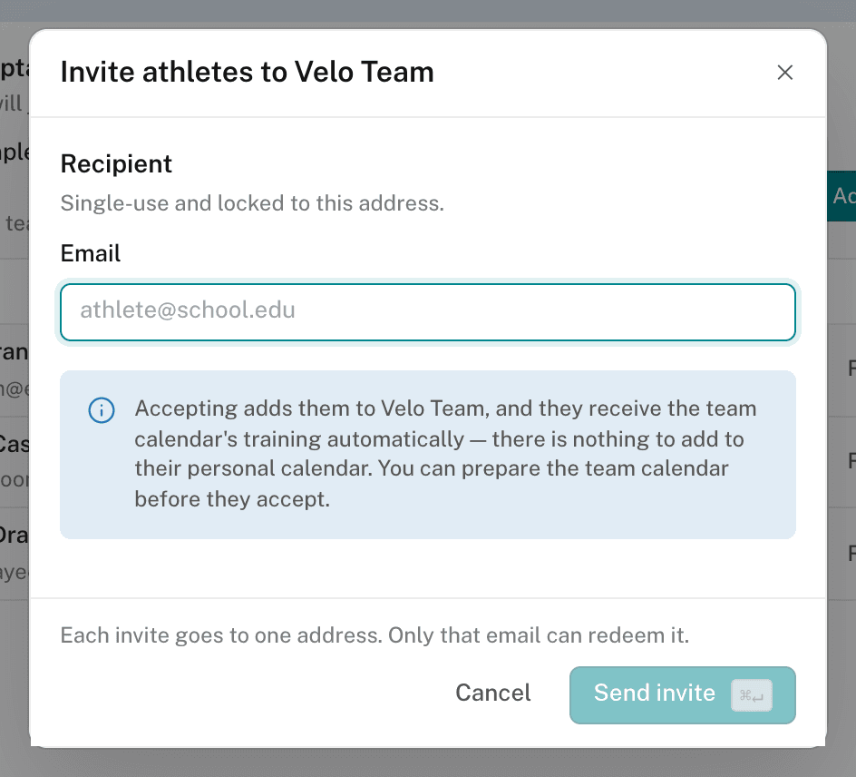 The Invite athletes dialog on a team roster, with an email field and the Send invite button