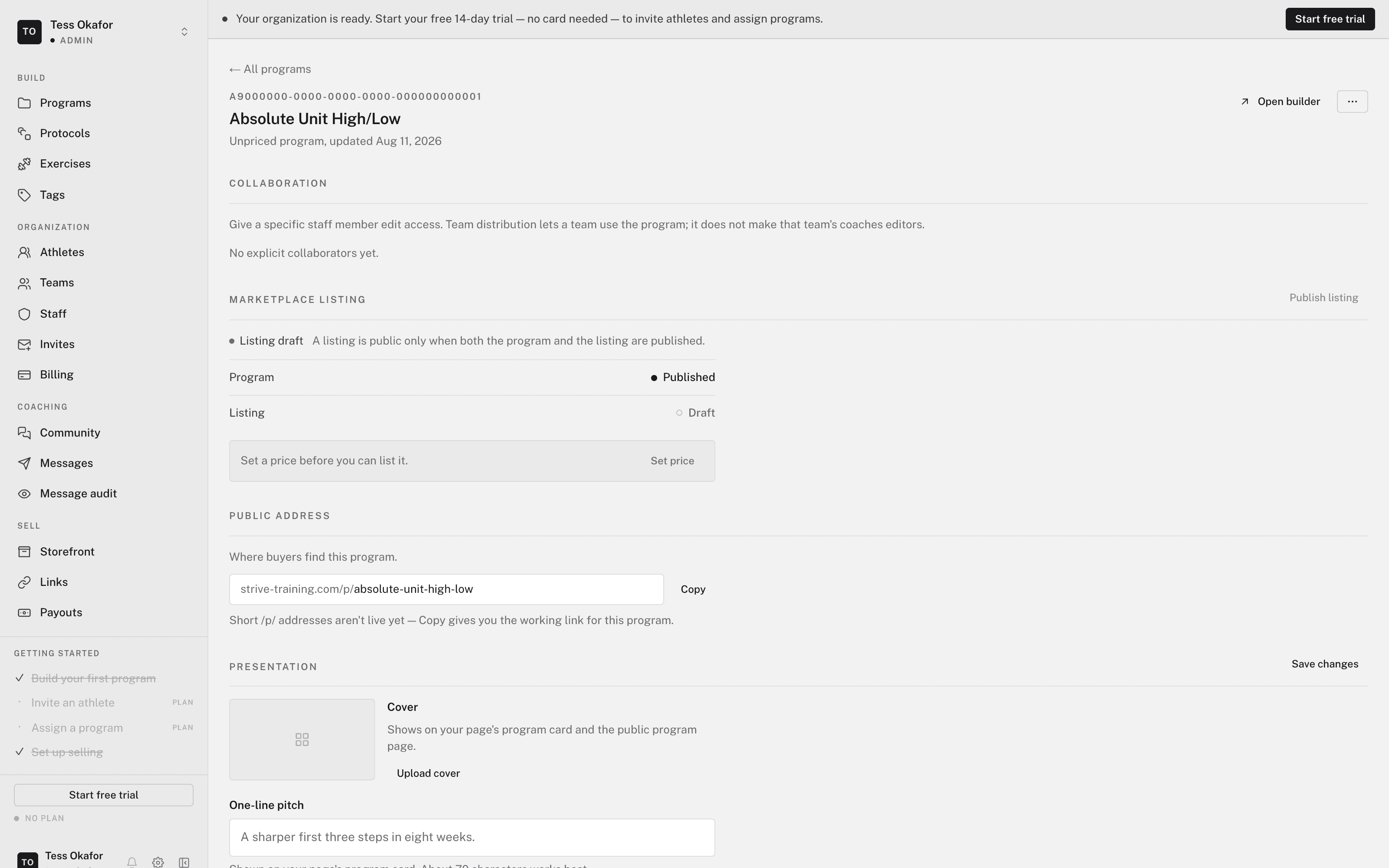 A program page with Publish listing greyed out above a notice reading 'Set a price before you can list it' with a Set price button