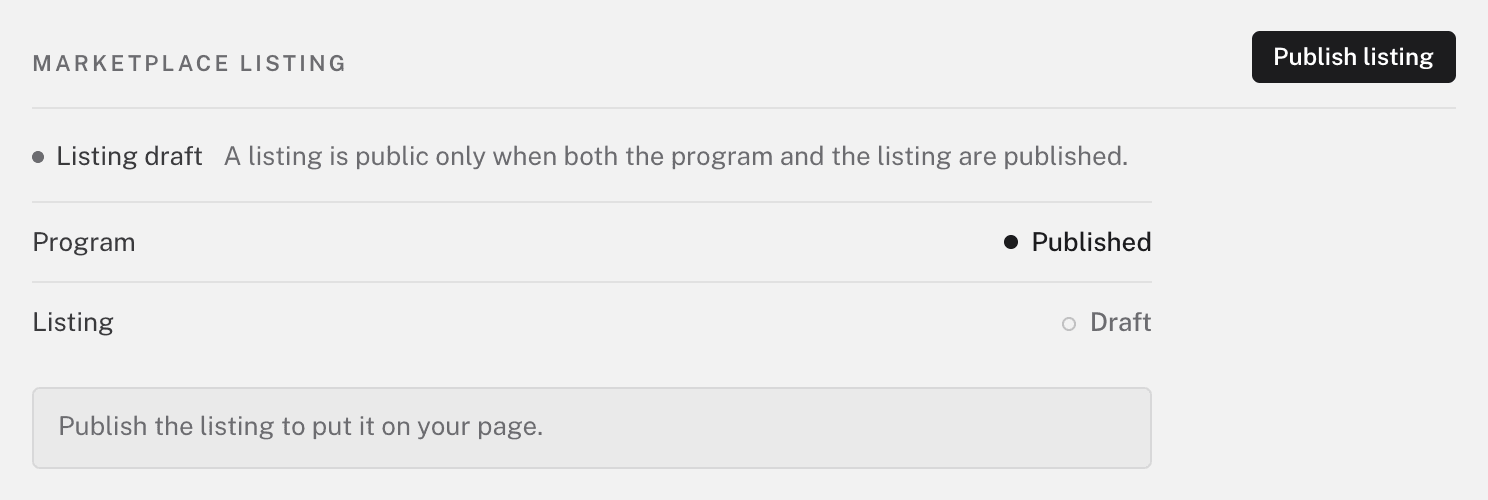 A marketplace listing card reading Listing draft, with Program set to Published and Listing set to Draft above a Publish listing button