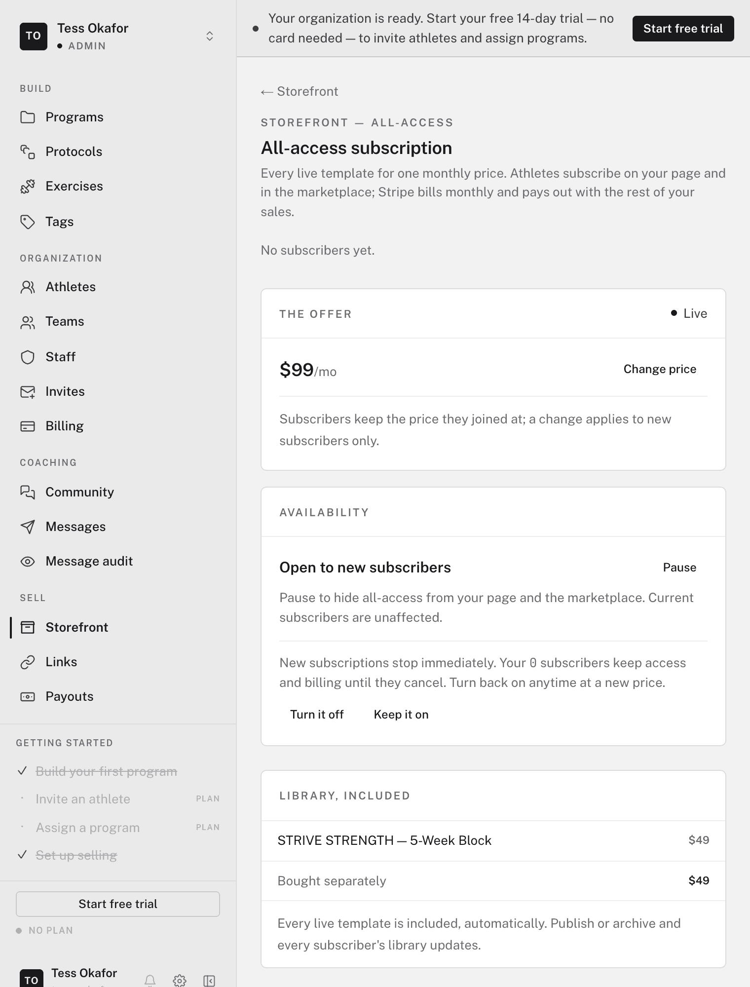 The Availability card reading Open to new subscribers with a Pause action, and the turn-off step offering Turn it off or Keep it on