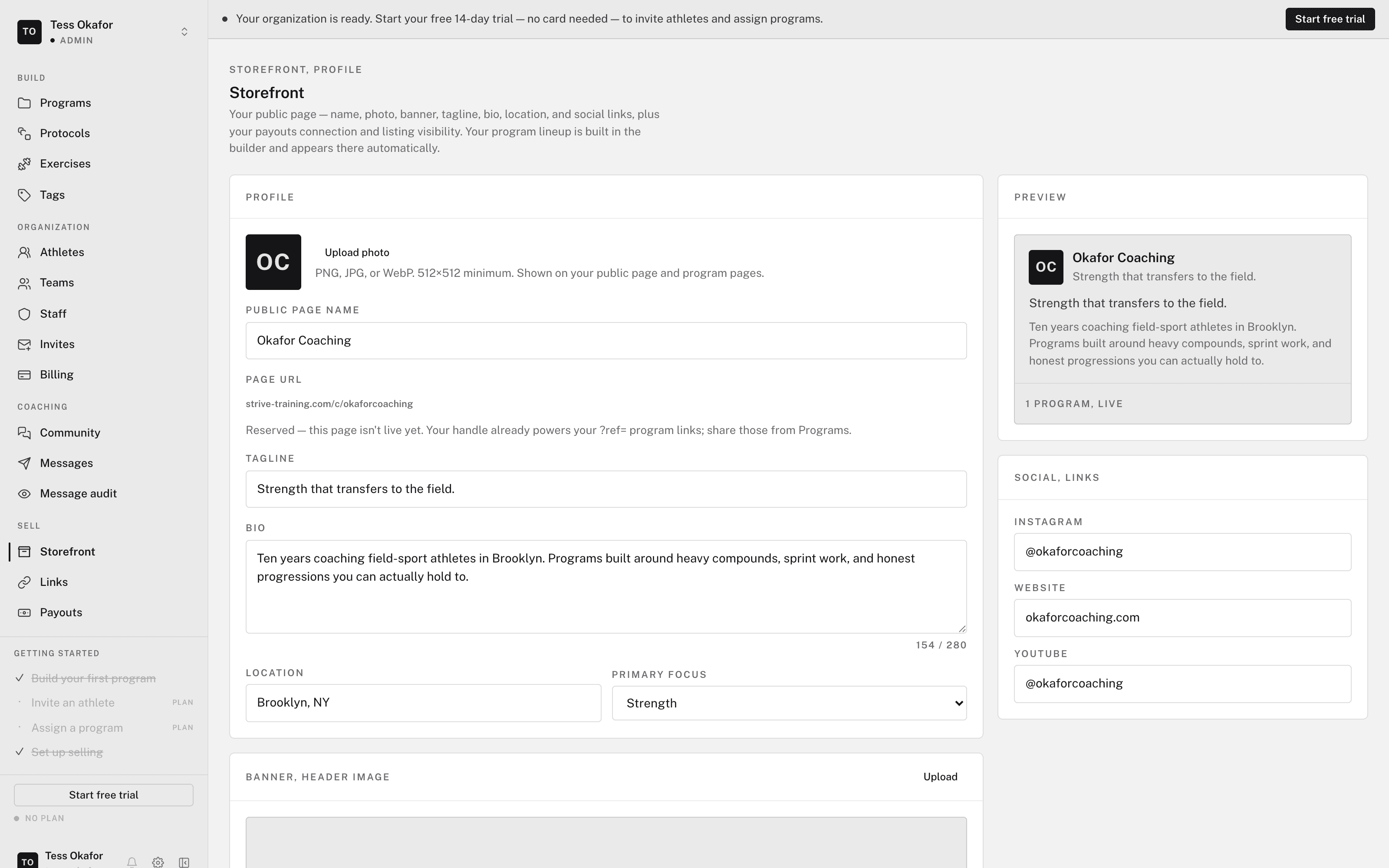 A coach storefront page with published programs