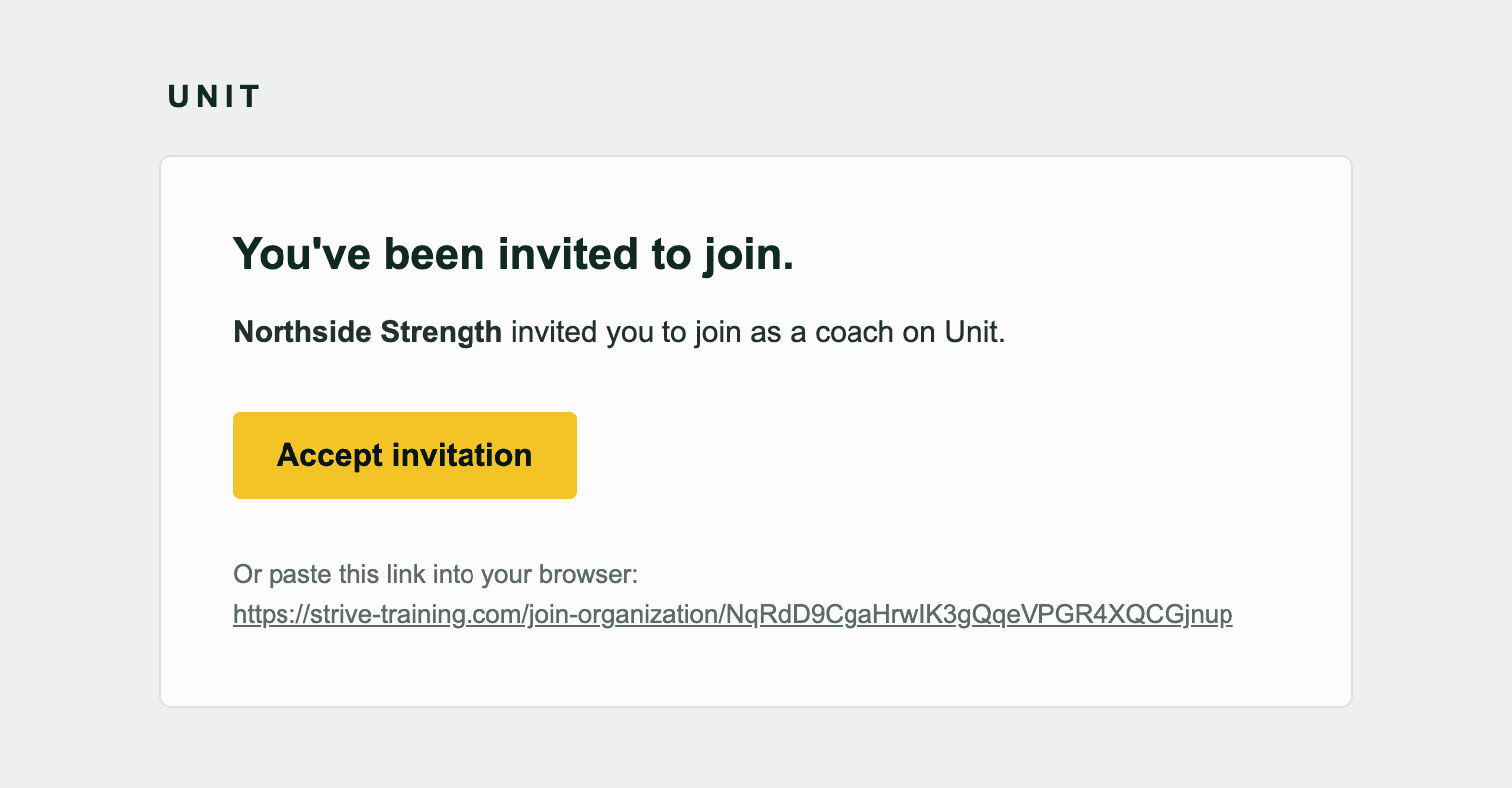 An invite email reading You've been invited to join, naming the organization and role, with an Accept invitation button and the same link in plain text