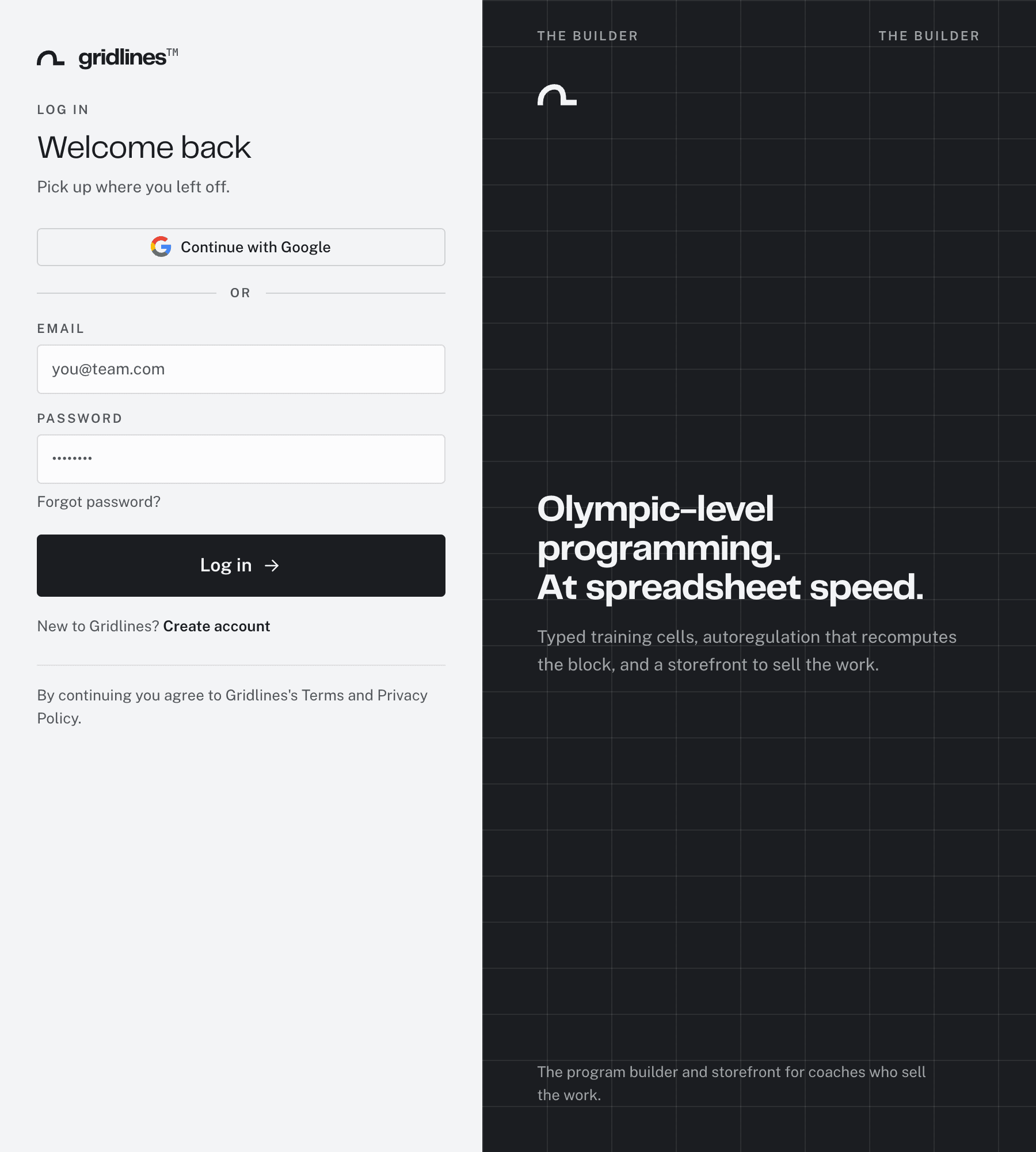 The web log-in page with a Continue with Google button, email and password fields, and a Create account link