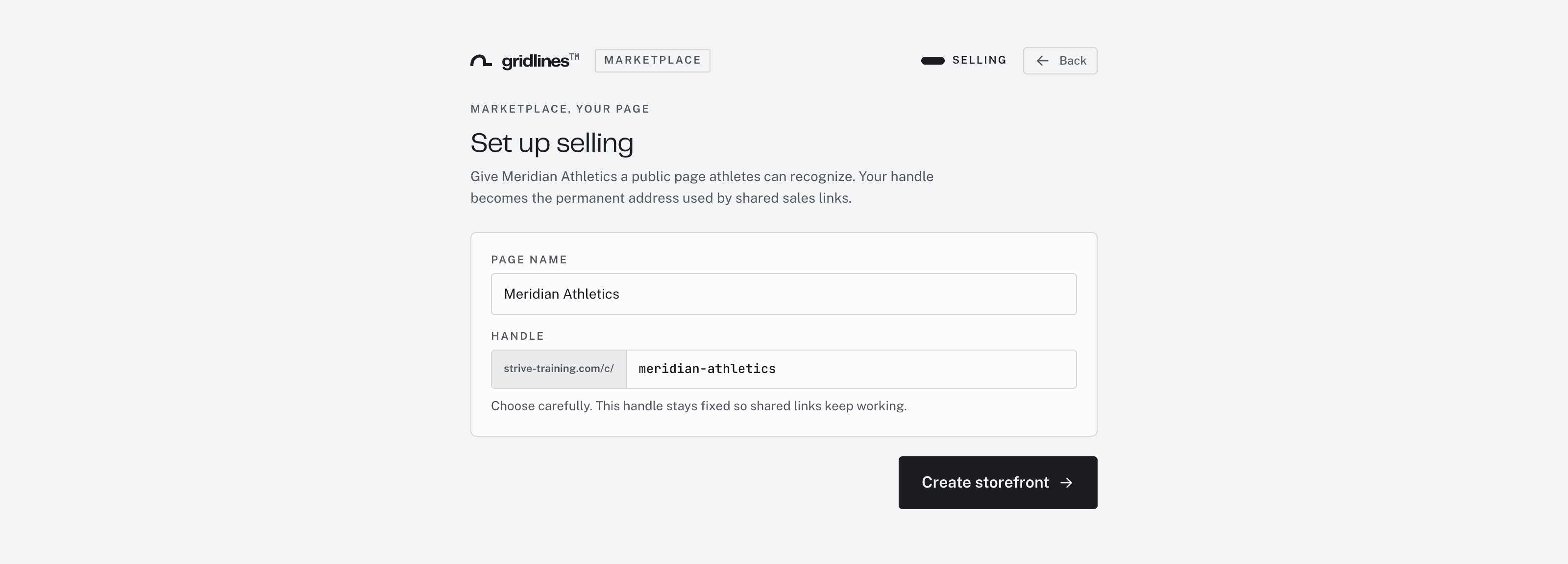 The Set up selling form with a page name entered and a handle filled in under a getgridlines.com/c/ prefix, above a Create storefront button
