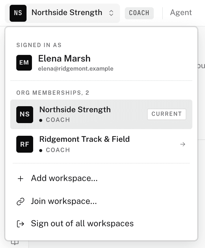 The workspace switcher open from the topbar, listing two organization memberships with their roles above Add workspace and Join workspace