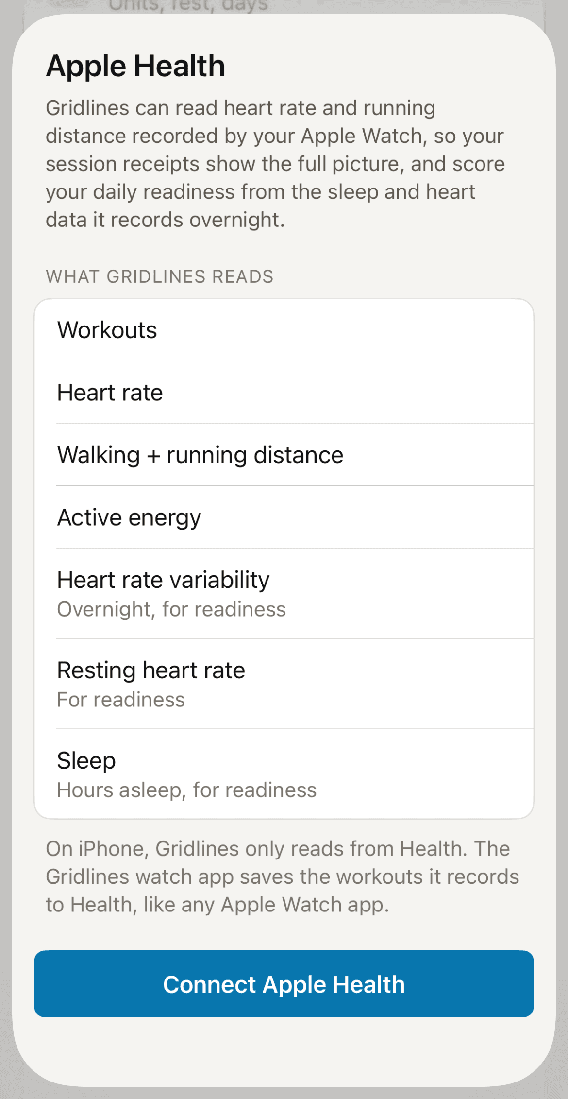 The Apple Health connect sheet: what Gridlines reads, and the Connect Apple Health button