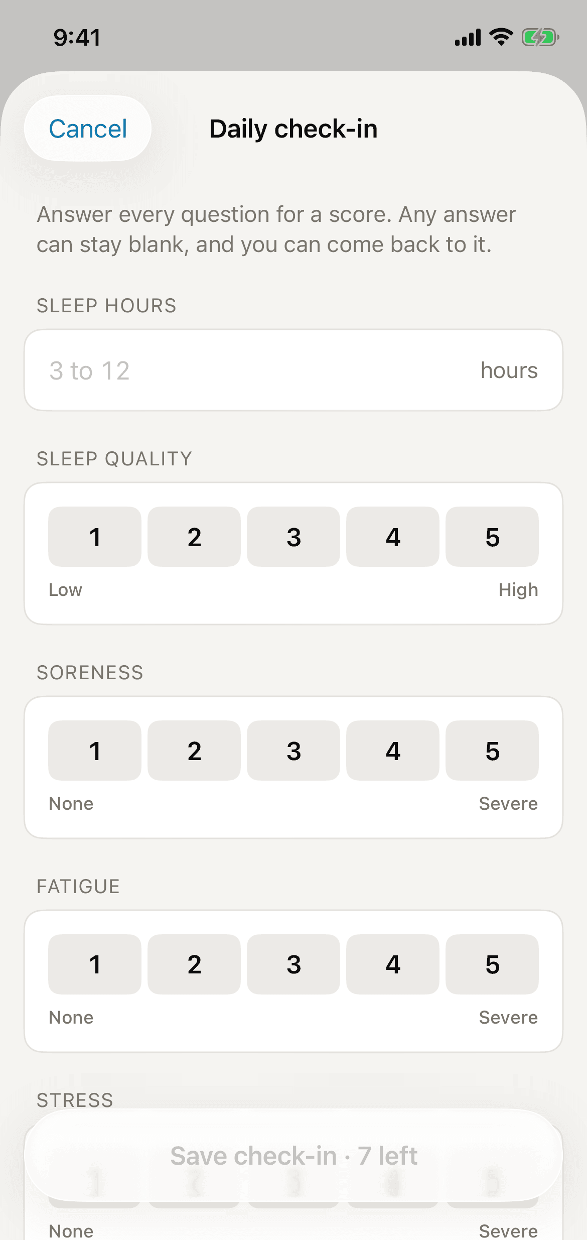 The daily check-in form, with the coach's questions and the Save check-in button