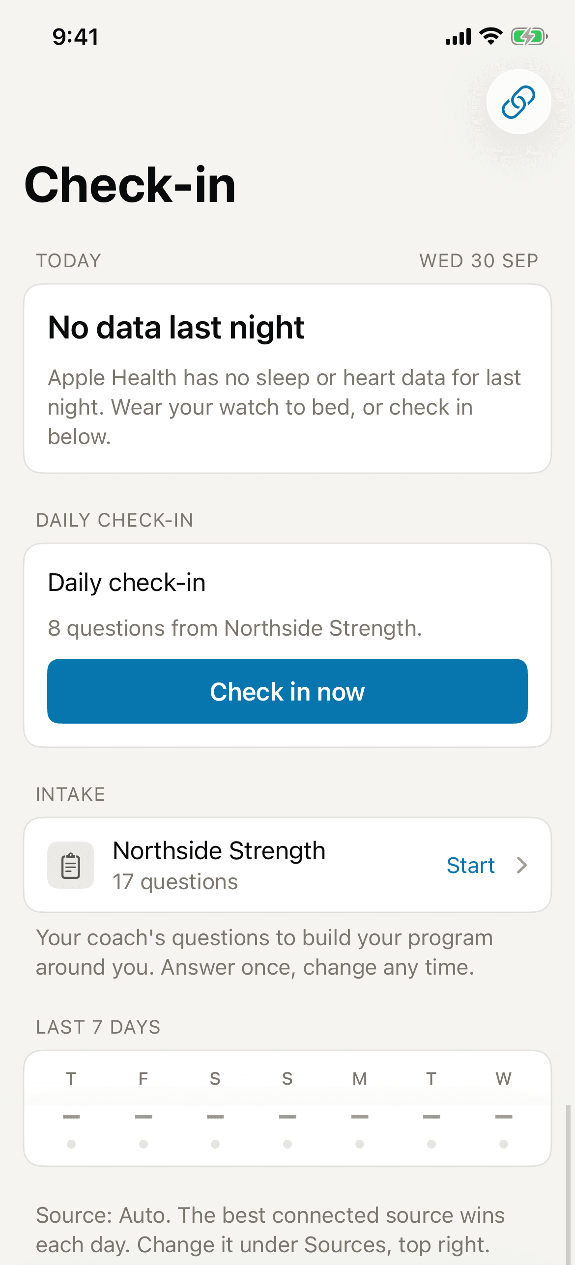 The Check-in tab: the readiness card for today, the daily check-in, the intake row, and the last seven days