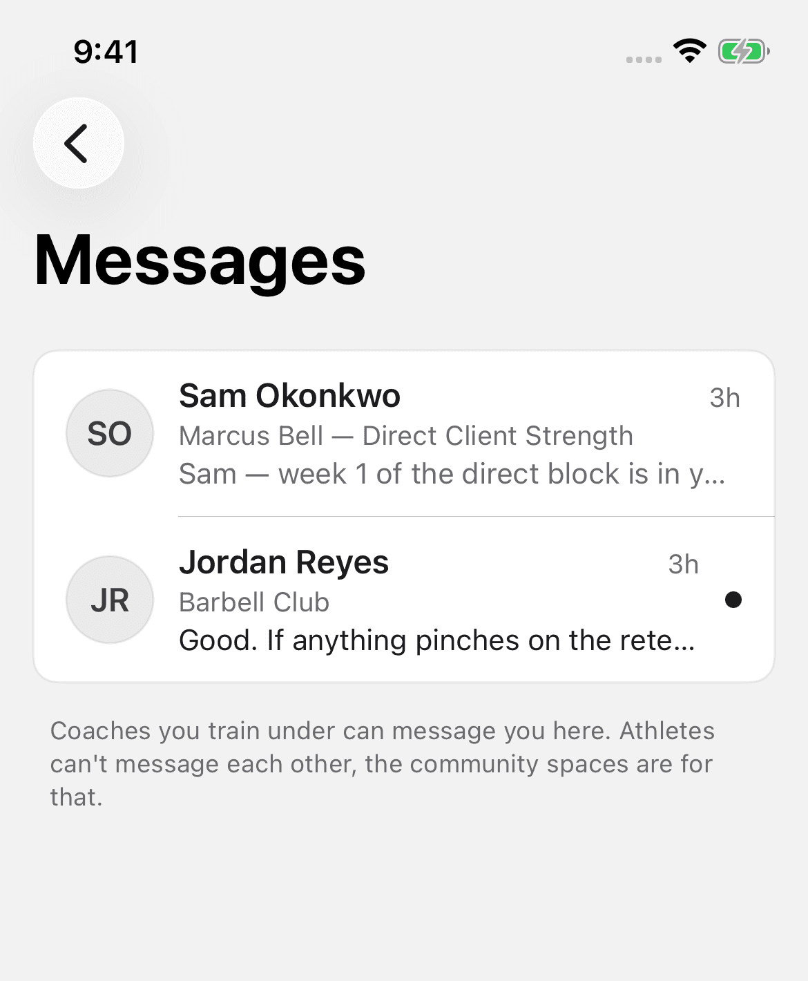The Messages inbox with two coach threads, each showing a context line and message preview