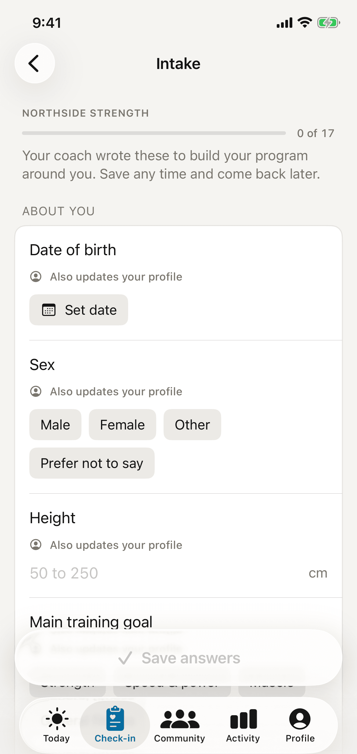 An intake form from the coach, with the answered count at the top and the first questions