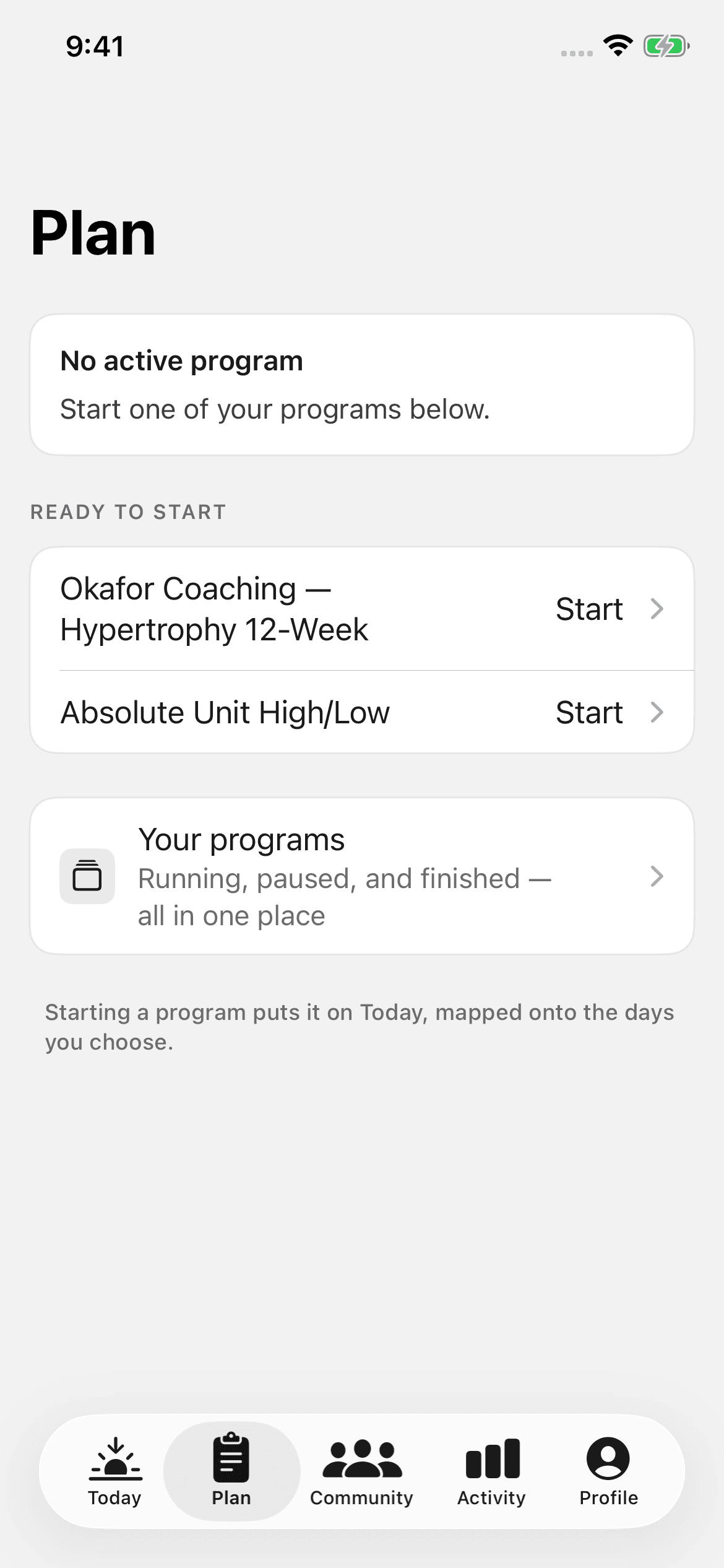 The Plan tab with a newly bought program listed among the programs ready to start