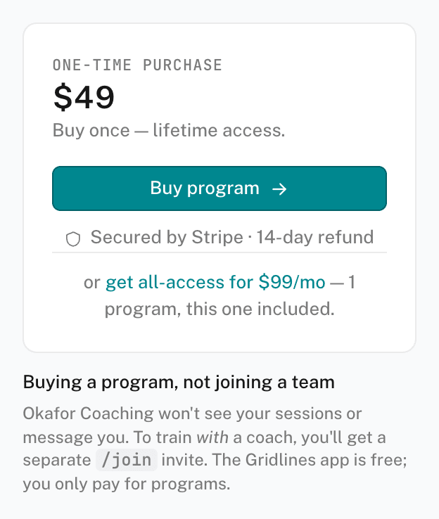 A program page on the web with a one-time price, a Buy program button, and a Secured by Stripe line