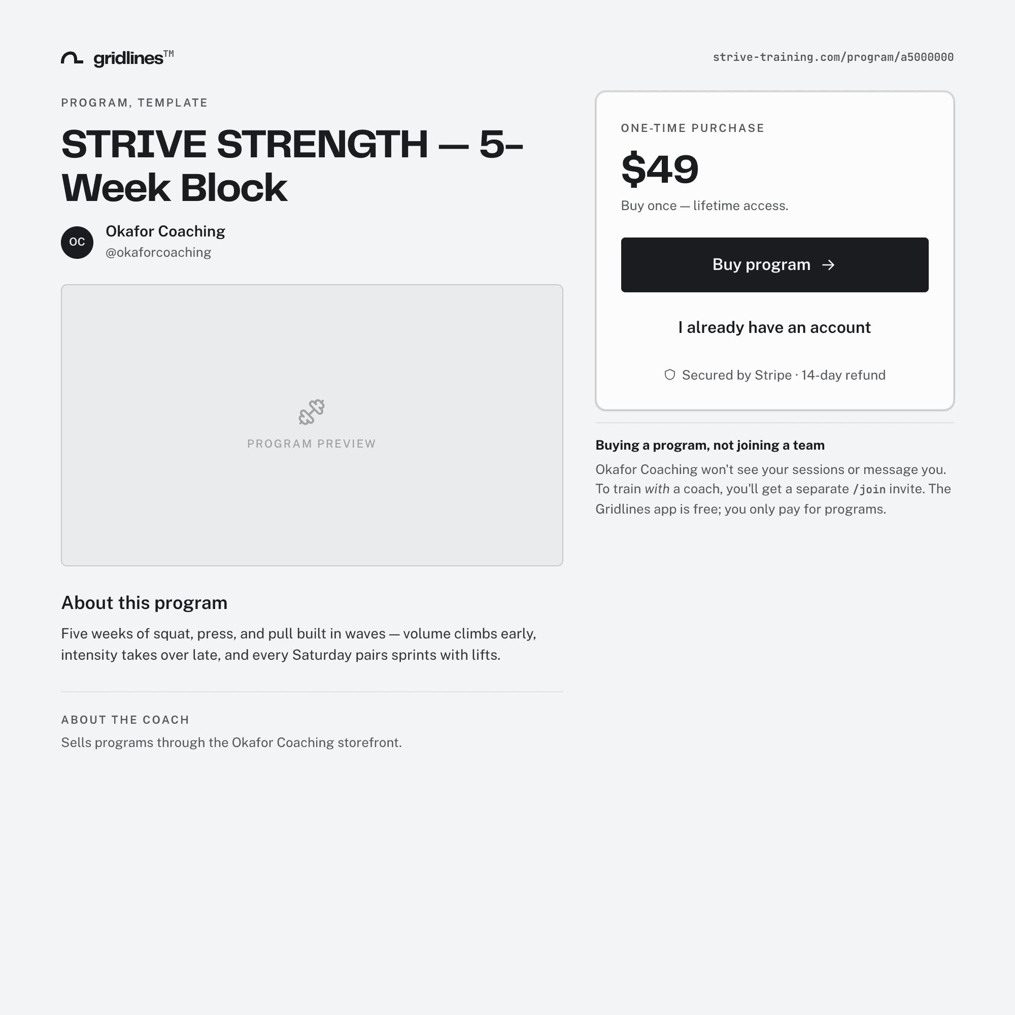 A program page on the web with a $49 one-time purchase panel and a Buy program button