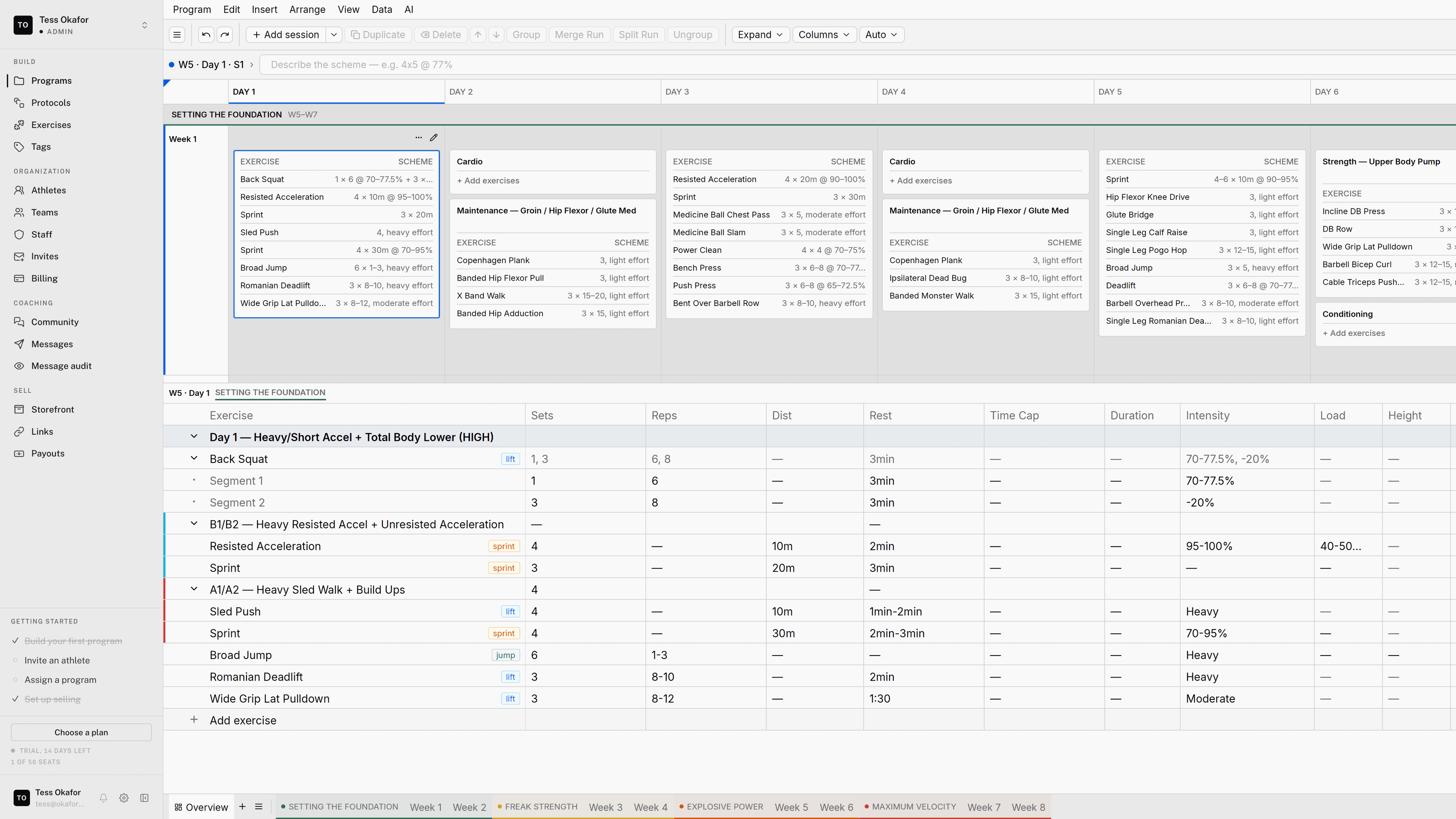 The Gridlines builder: a training program open in the spreadsheet editor, with a day expanded in the detail dock