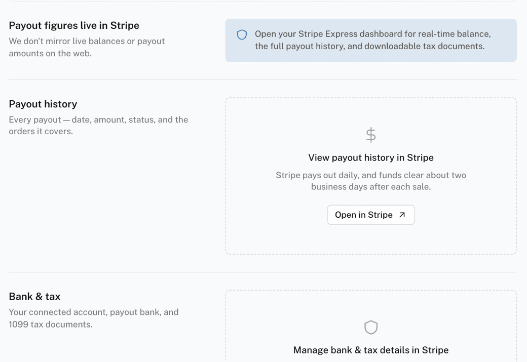 Storefront payouts, paid out through Stripe