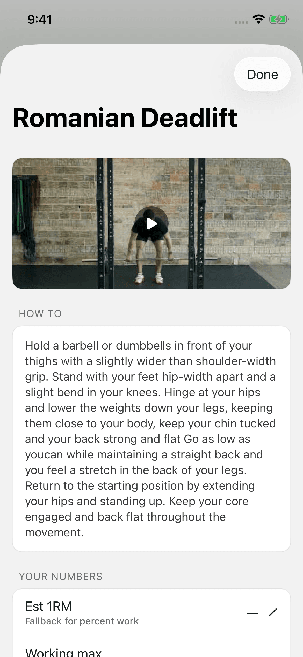 The Romanian Deadlift exercise in the app, with a demo video and coaching cues under HOW TO