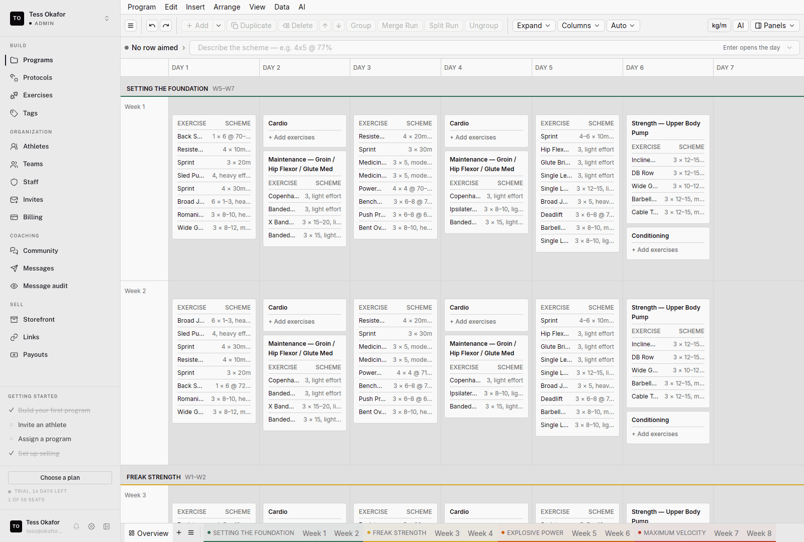 The builder with a program open: a left sidebar, a toolbar, and a grid of week rows and day columns full of session cards