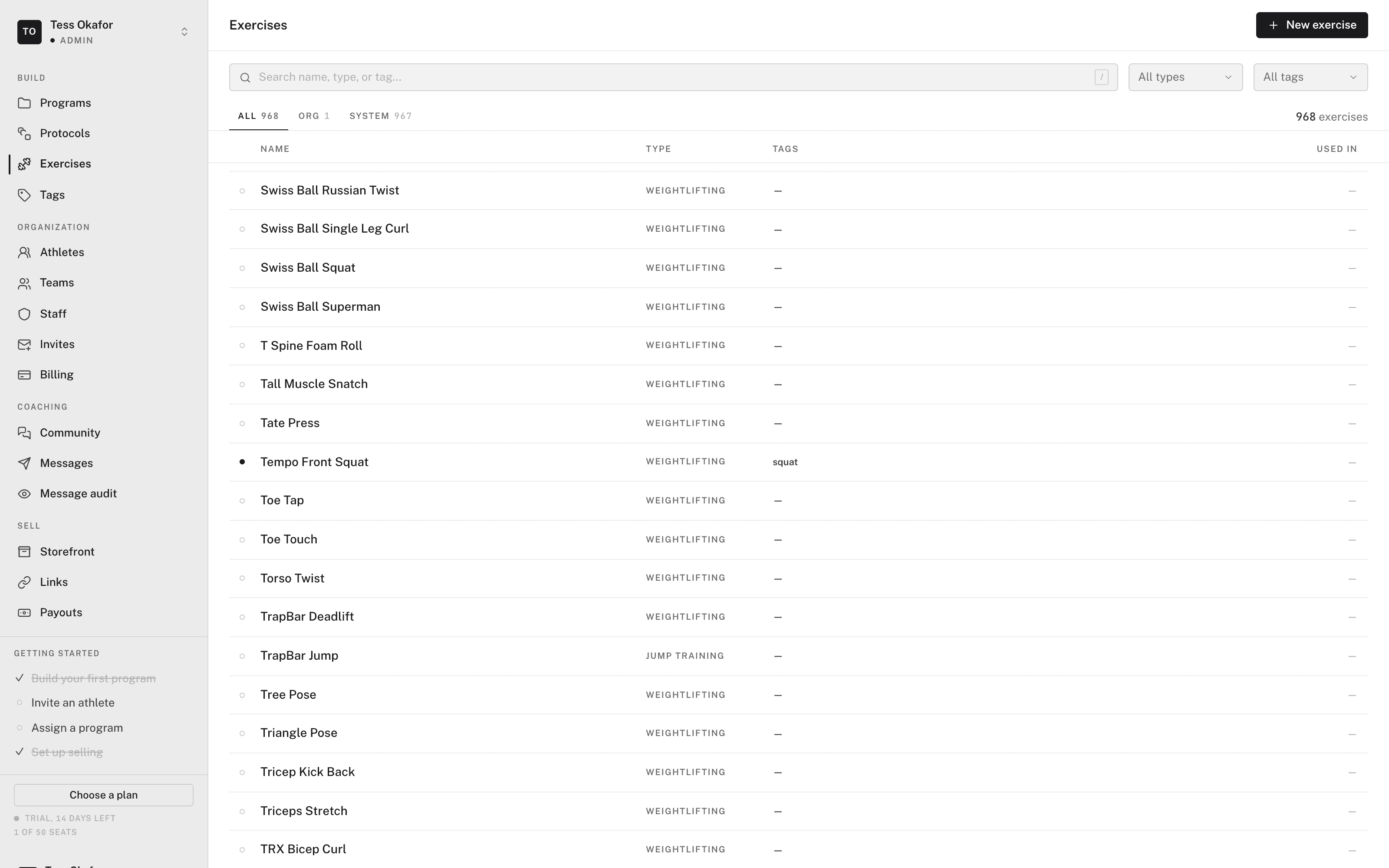 The Exercises list with All, Org, and System scope tabs above a table of exercises with type and tag columns