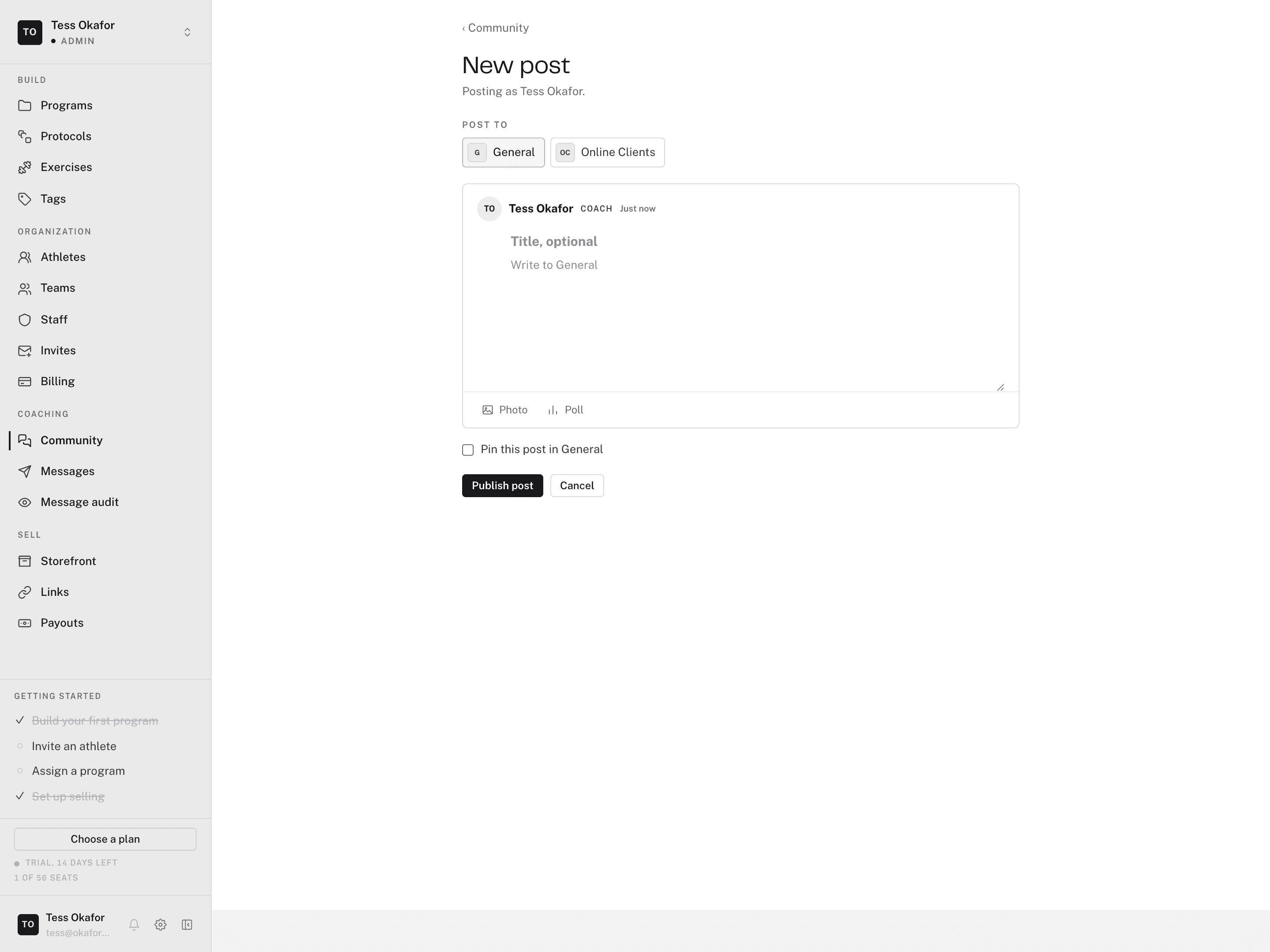 The New post composer with the POST TO space picker and the Pin this post toggle
