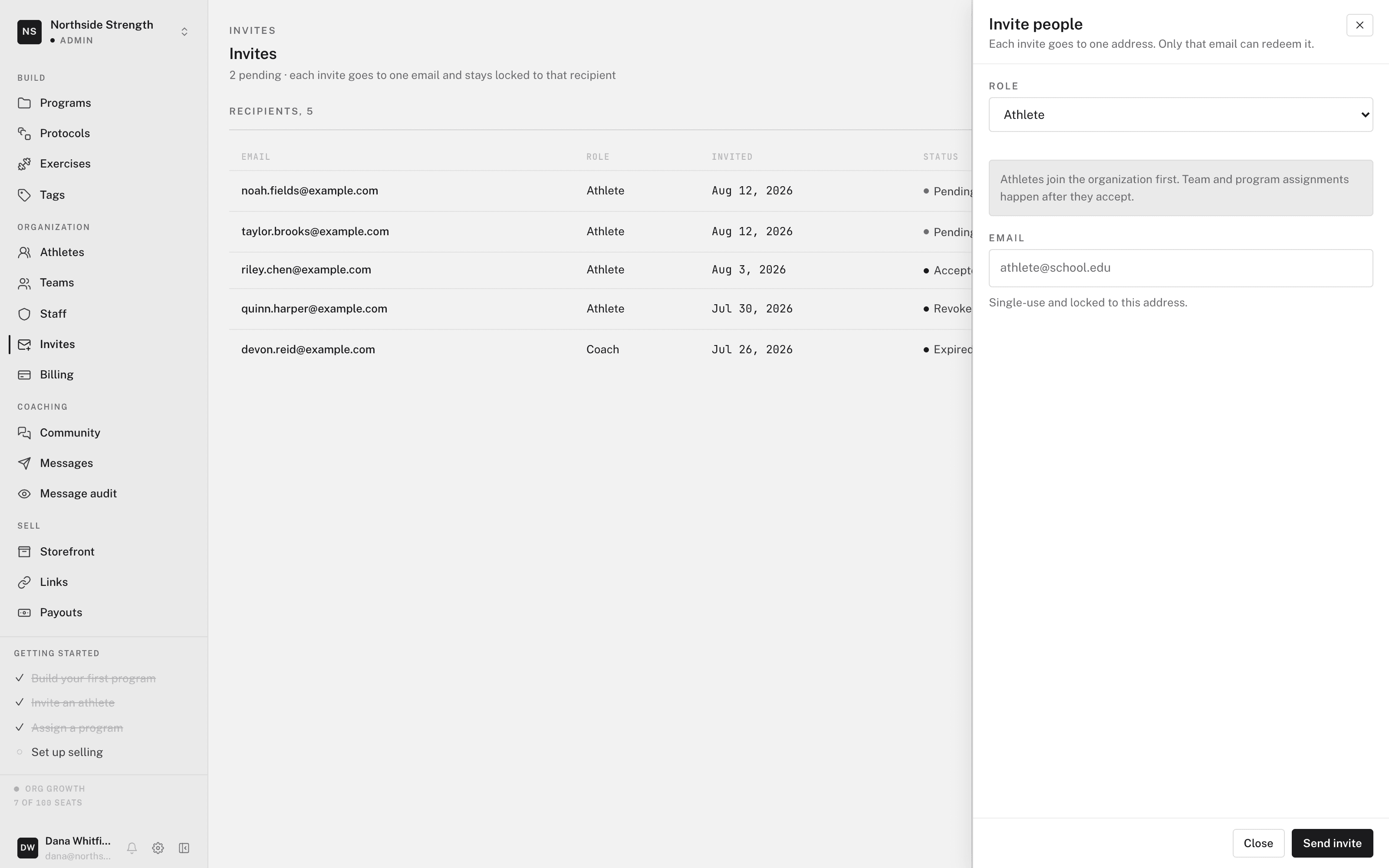 The Invite people panel with a Role select set to Athlete, an email field, and a Send invite button