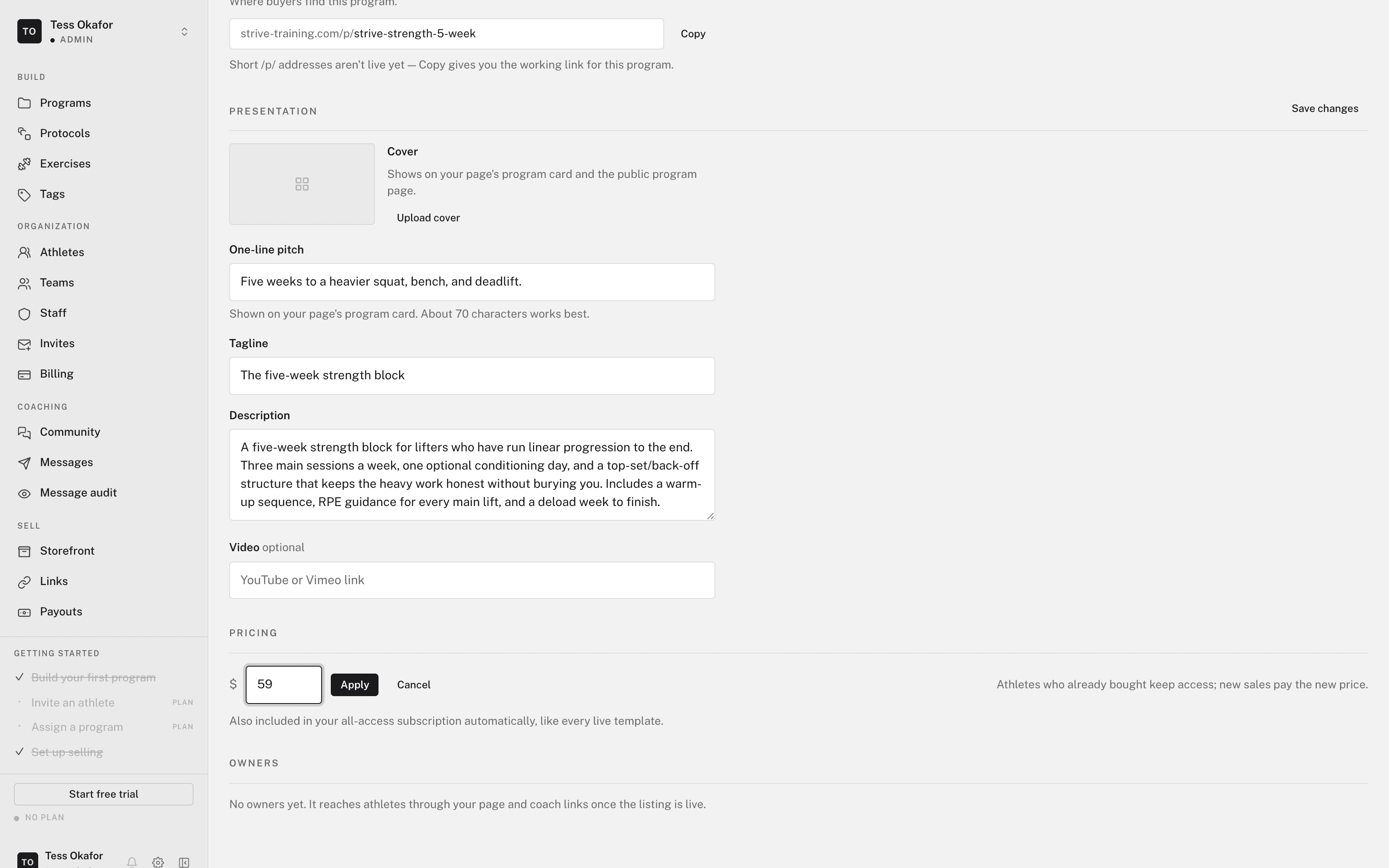 The Pricing section of a program page with a price field open, an Apply button, and a note that athletes who already bought keep access