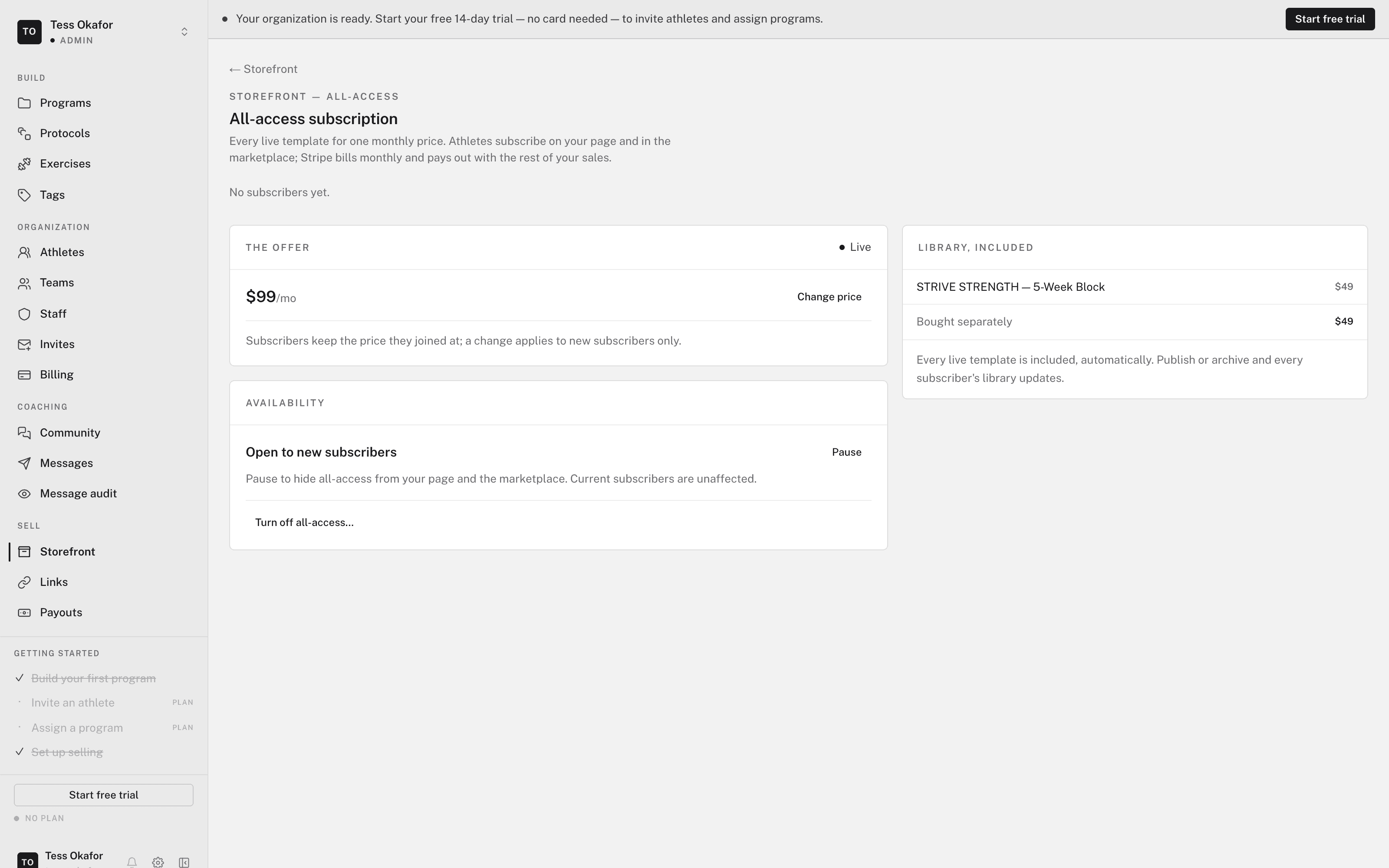 The all-access tab with a price, subscriber count, and included library