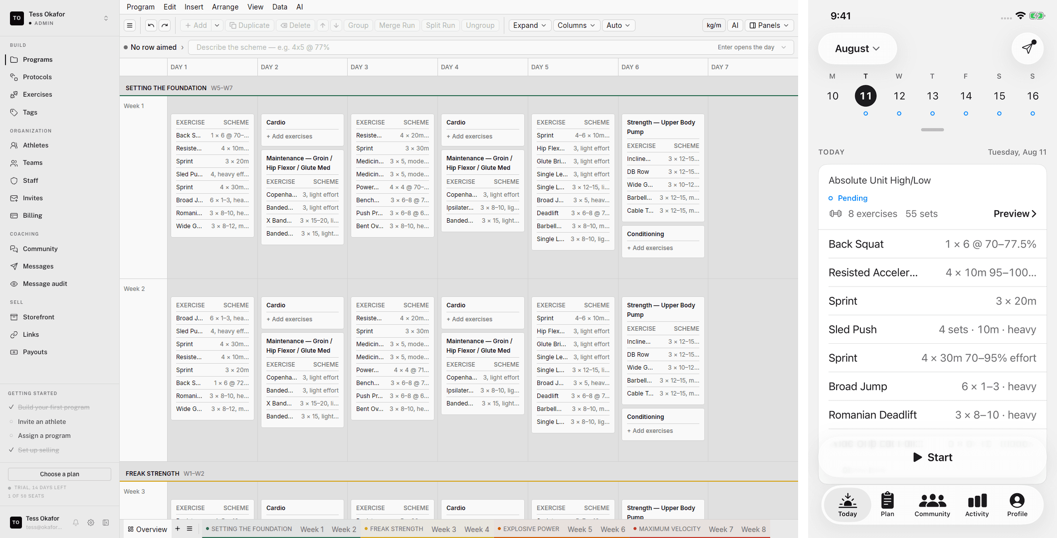 The same program open in the builder's grid and on an athlete's phone