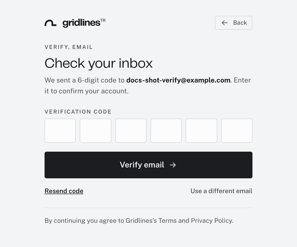 The Check your inbox screen with six empty code boxes, a Verify email button, and a Resend code link