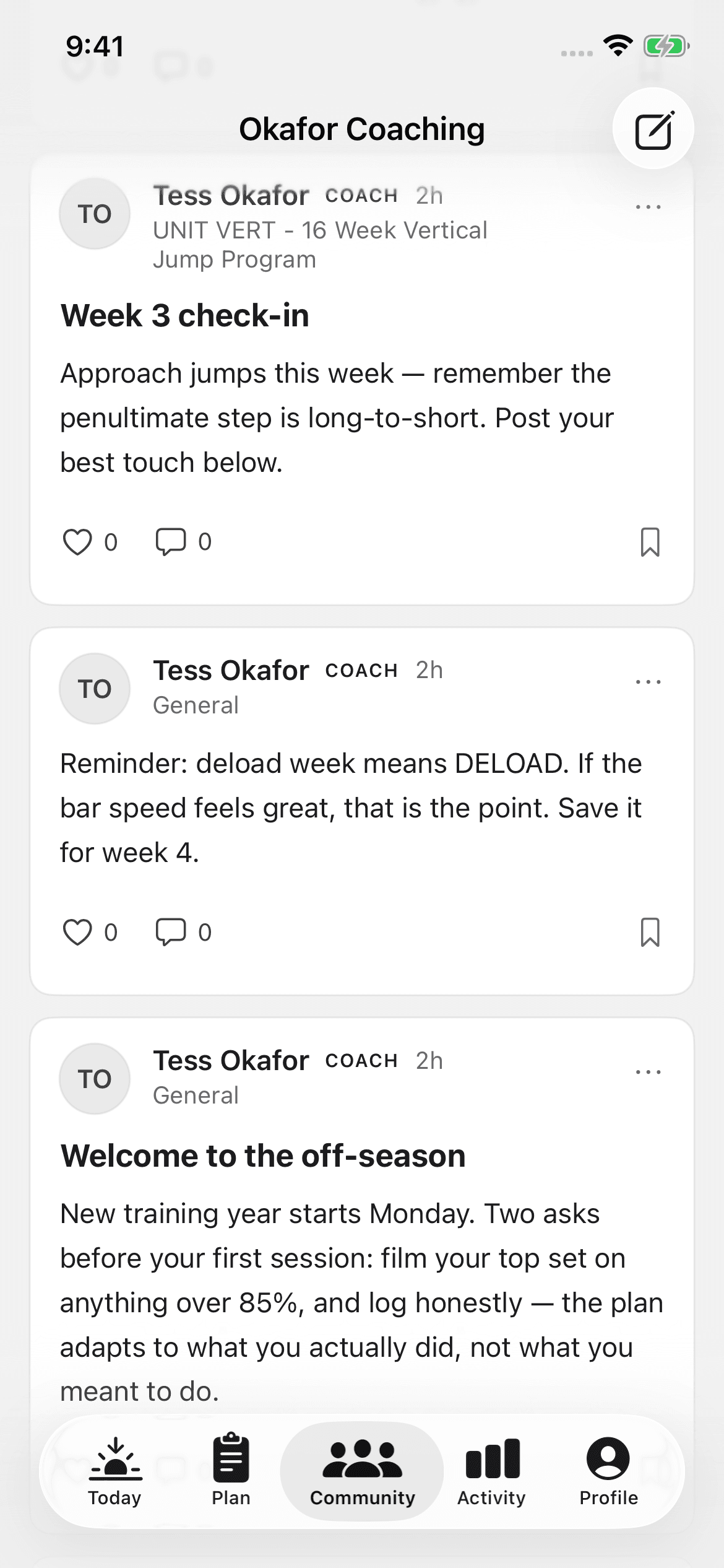 A community feed with a post carrying an attached session
