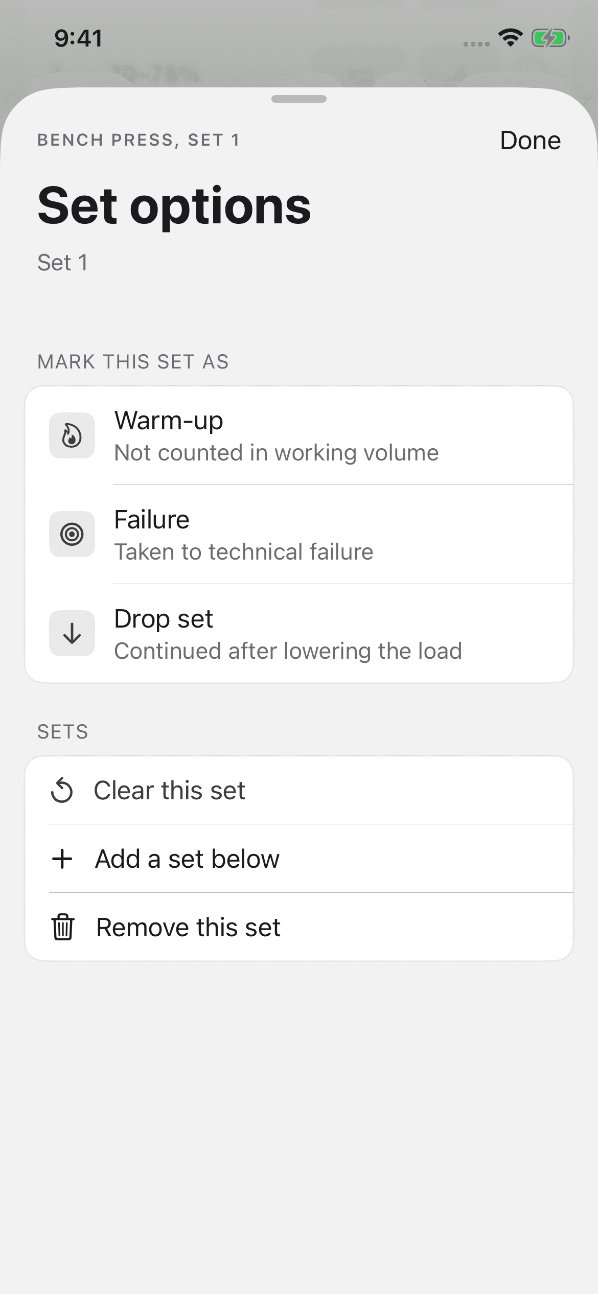 The Set options sheet offering Warm-up, Failure, Drop set, Clear this set, Add a set below, and Remove this set