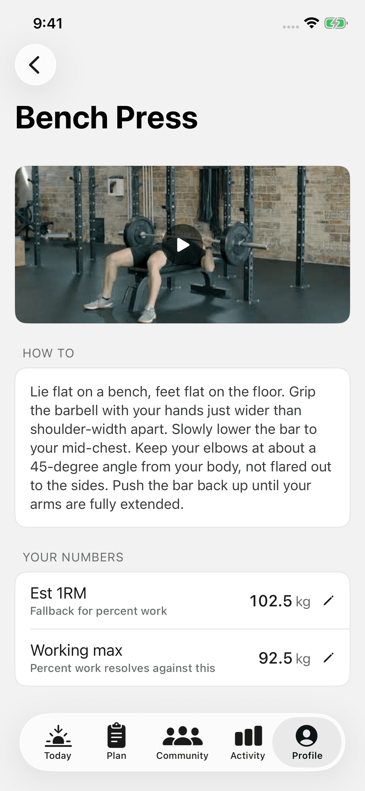 The maxes screen for one lift, showing 1RM and working max