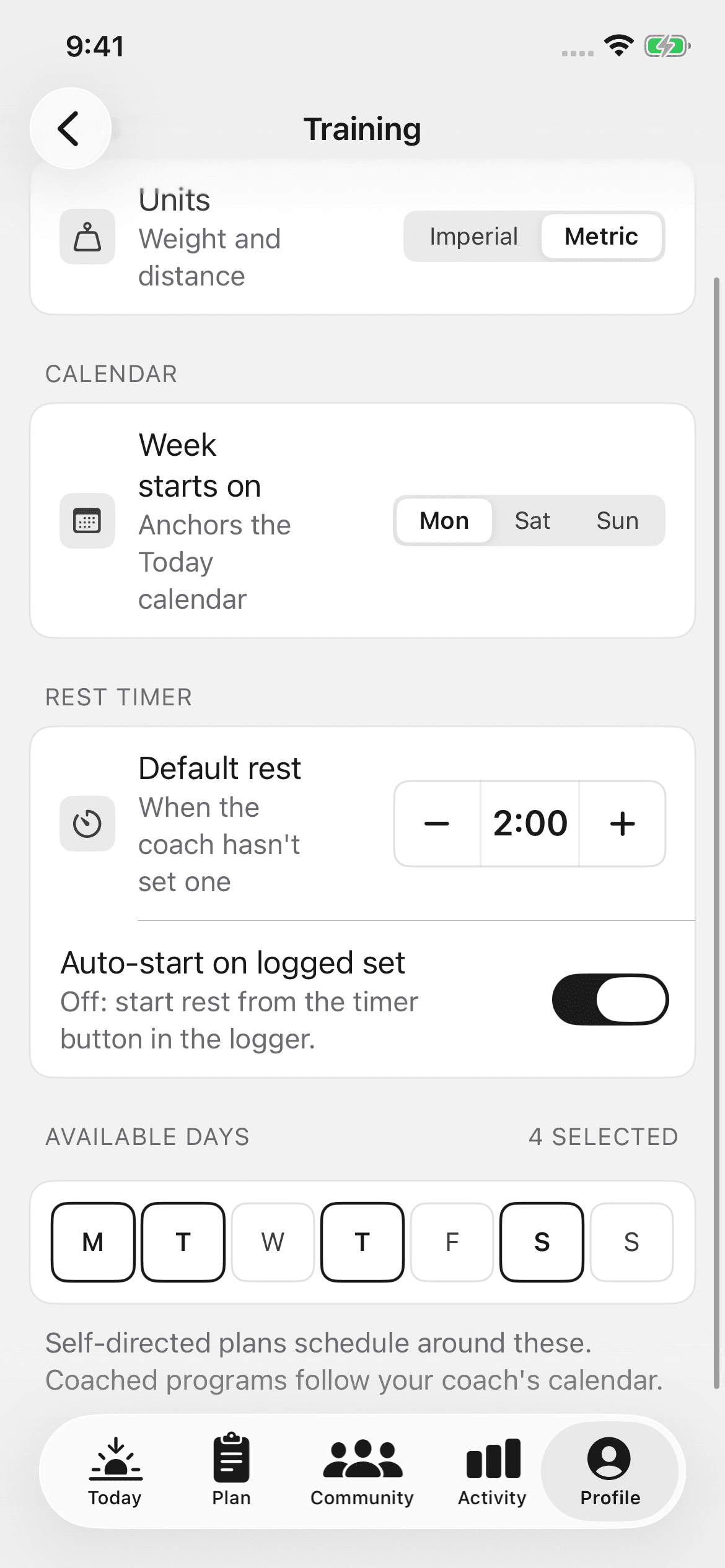 The Training preferences screen with Units, Week starts on, Default rest, Auto-start on logged set, and Available days