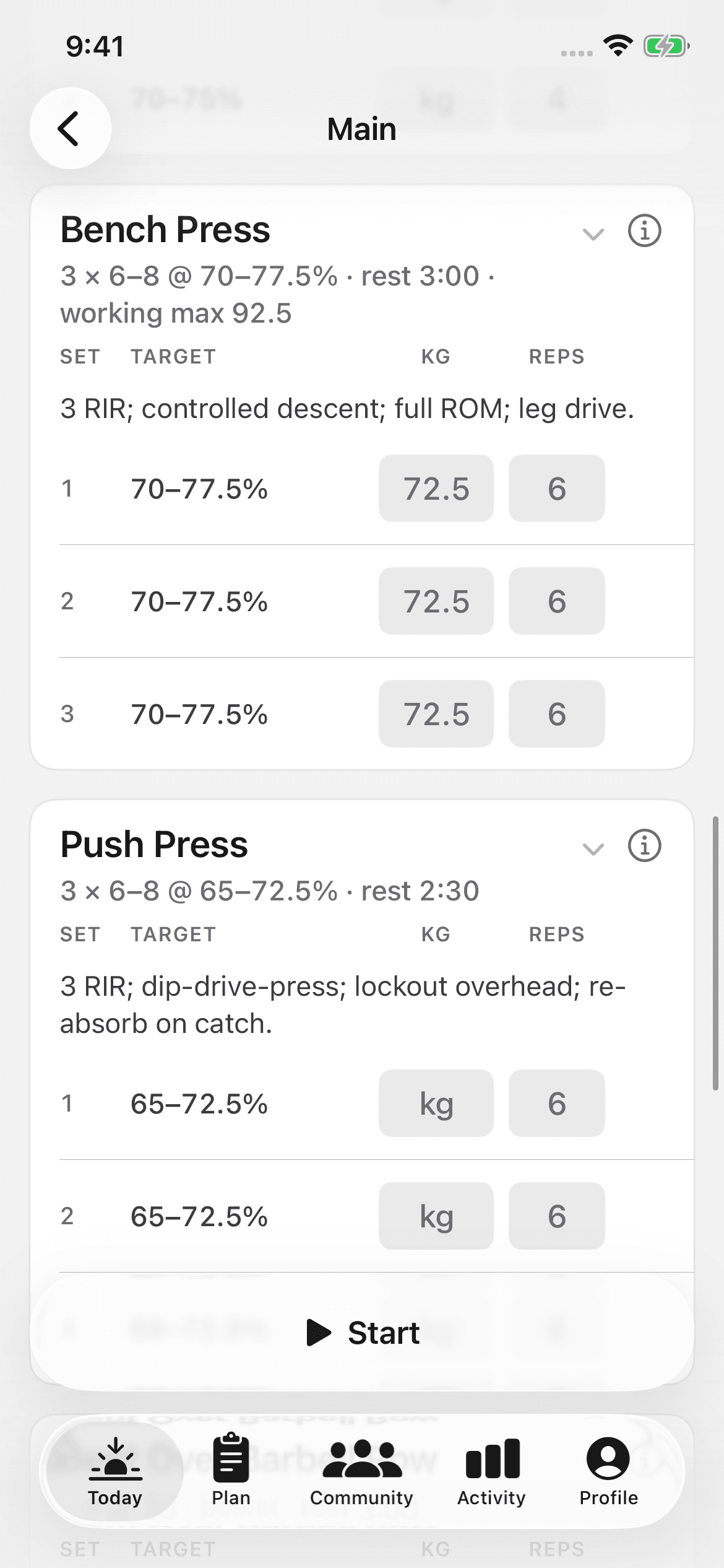 Bench Press percentages resolved to 72.5 kg against a working max, above Push Press percentages with an empty load field