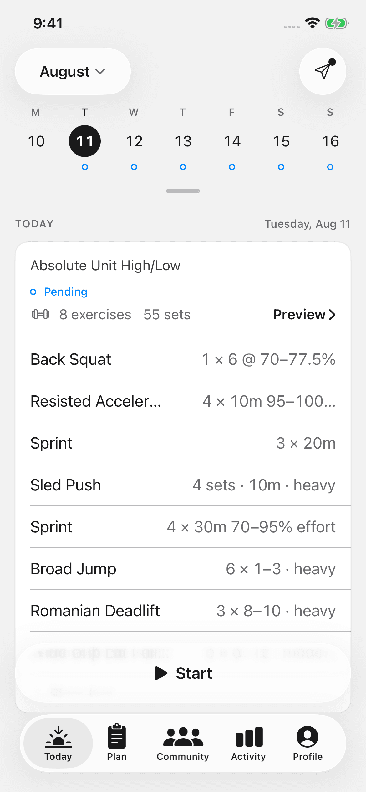 The Today tab with a session ready to start